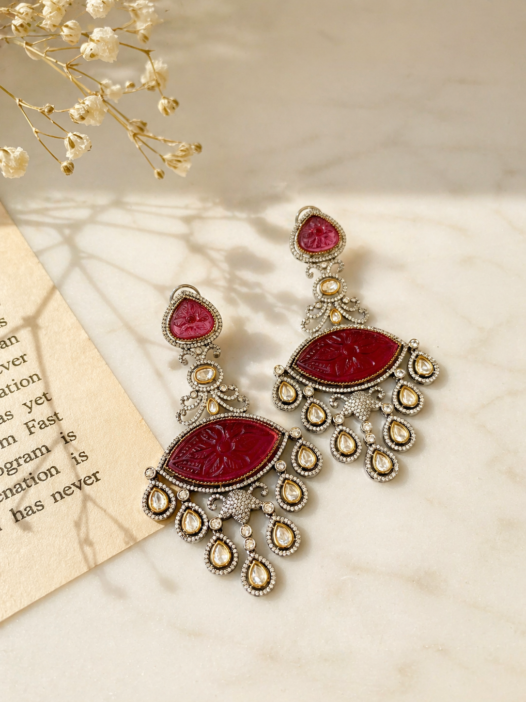 Simona ruby designer danglers in rhodium oxidized finish with polki kundan and american diamonds