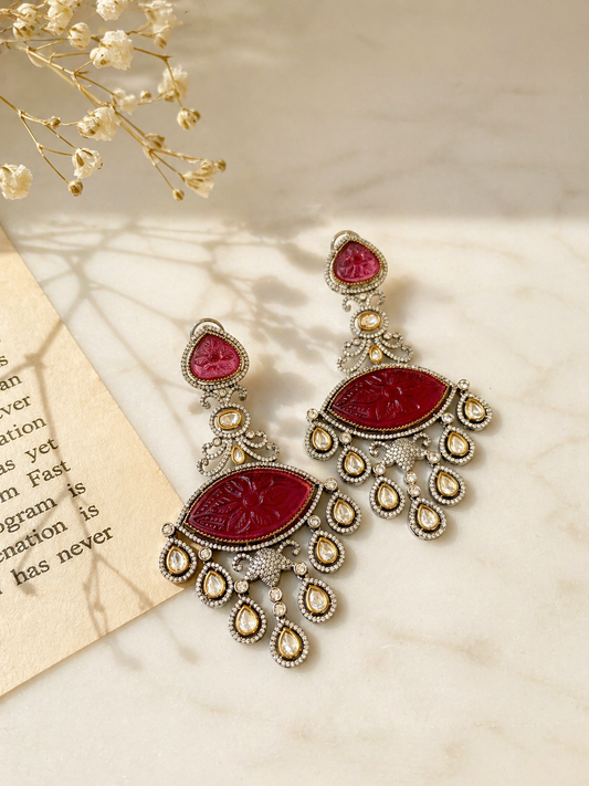Simona ruby designer danglers in rhodium oxidized finish with polki kundan and american diamonds