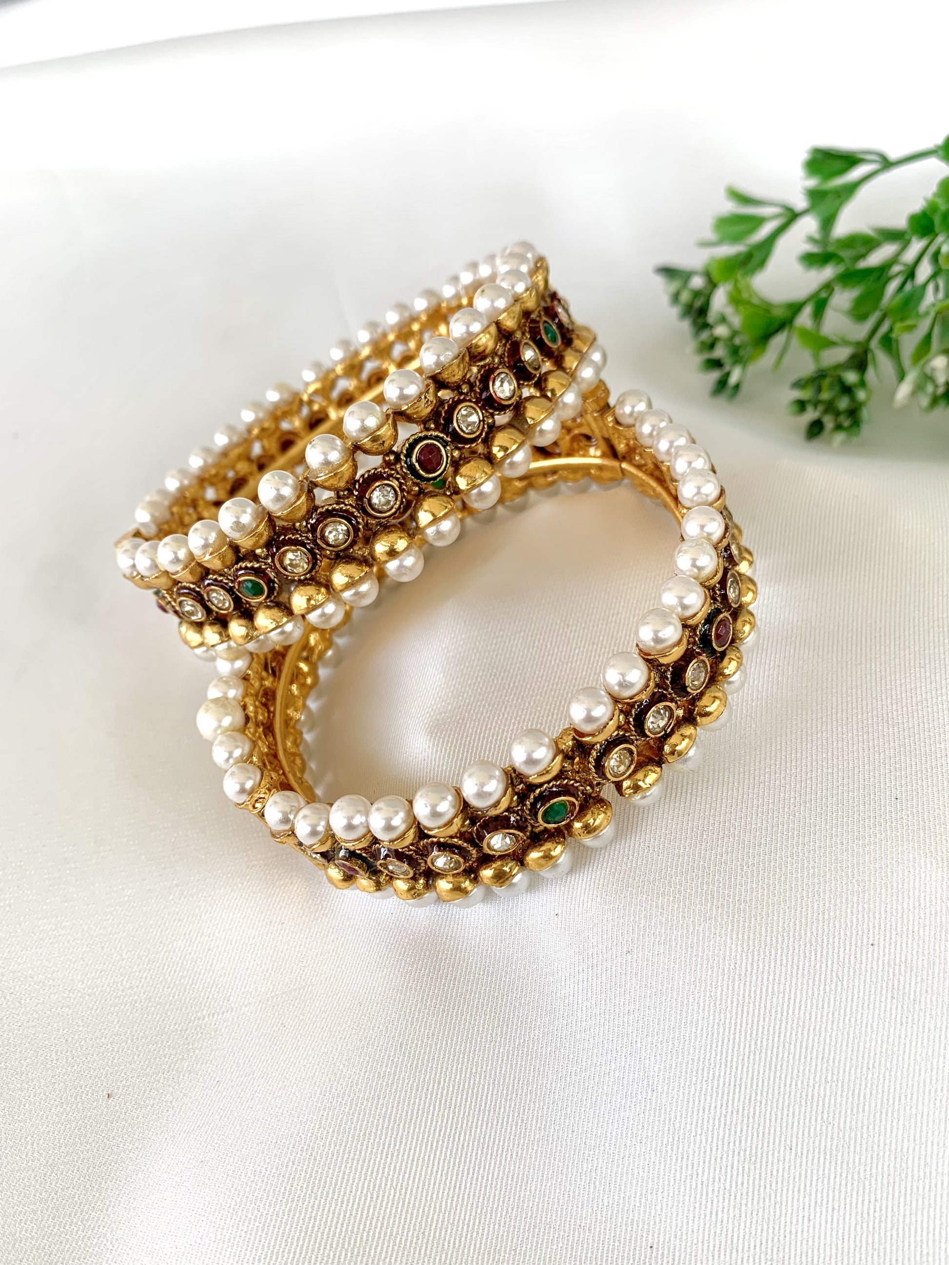 22kt Gold Screw Bangle Pair with traditional multistone setting