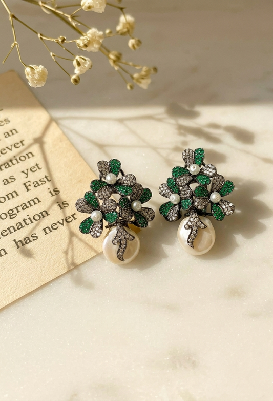 Sivah handcrafted rhodium oxidized signature earrings with baroque pearls and emerald Swarovski crystals