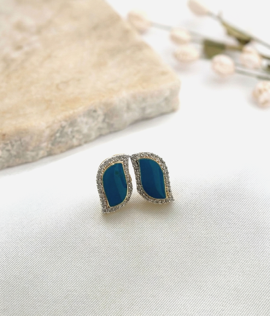 Sneha handcrafted 22kt gold plated studs with semi-precious Sapphire, Emerald or Feroza and hand-painted Meena