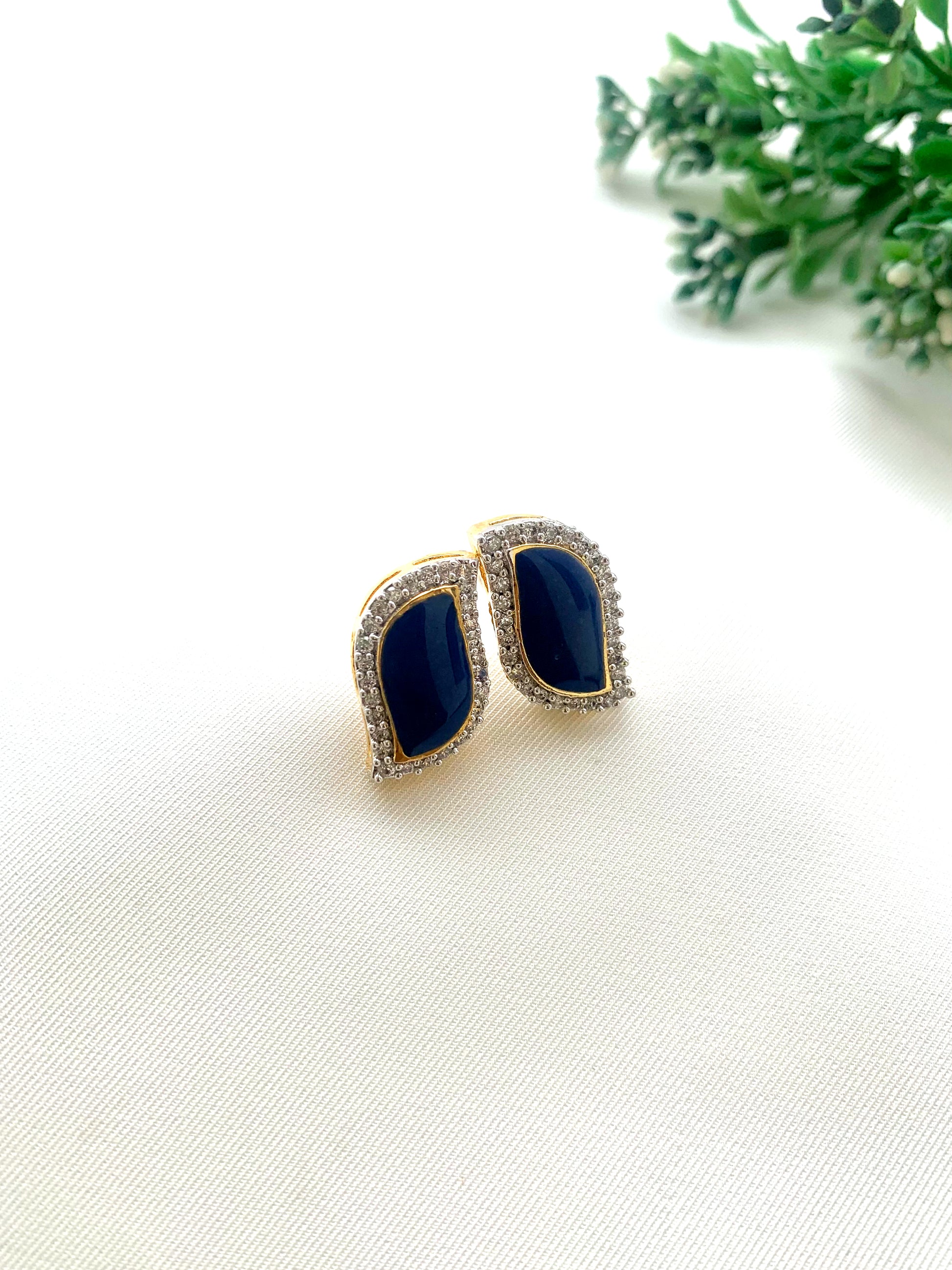 Sneha handcrafted 22kt gold plated studs with semi-precious Sapphire, Emerald or Feroza and hand-painted Meena