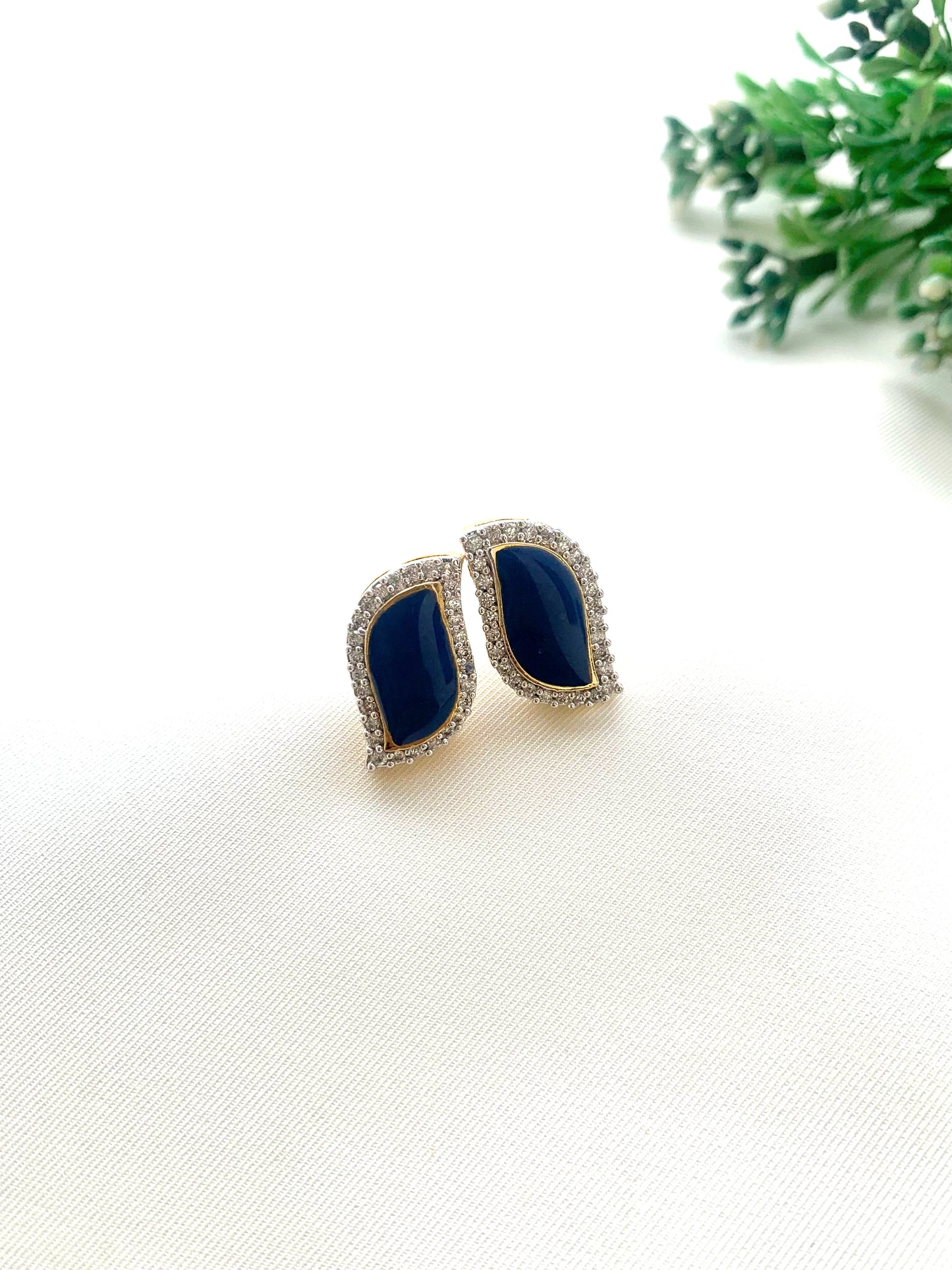 Sneha handcrafted 22kt gold plated studs with semi-precious Sapphire, Emerald or Feroza and hand-painted Meena