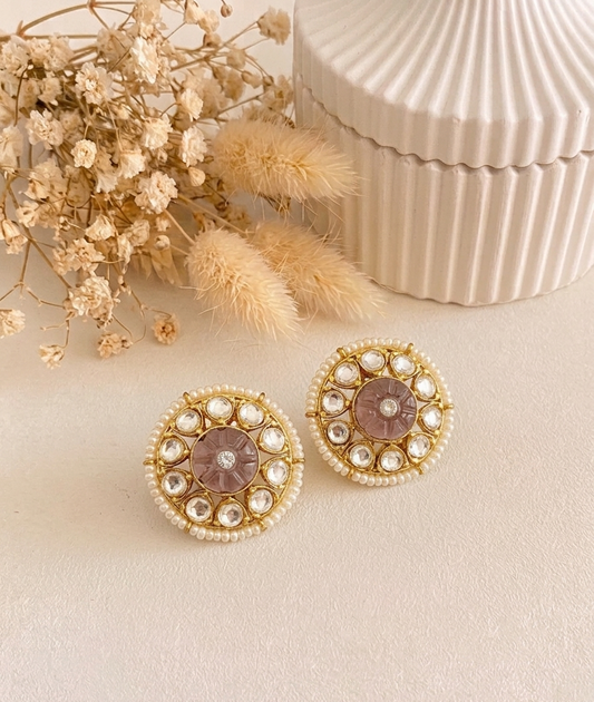 Sofi handcrafted 22kt gold plated studs featuring Polki Kundan, semi-precious hand-carved Amethyst, and Pearls