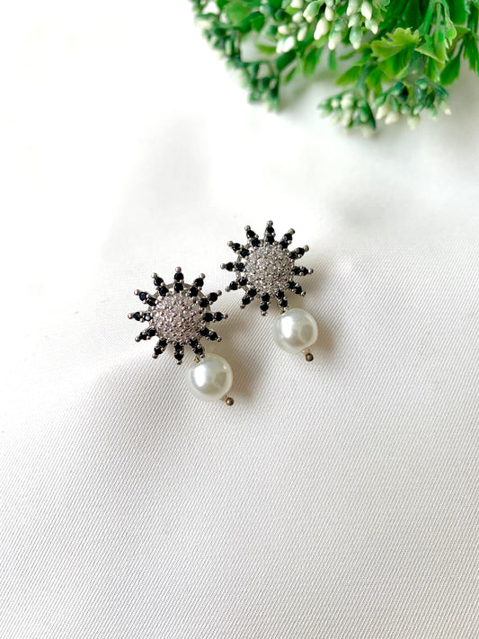 Solara sunburst crystal studs with pearl drop, 22K gold plated on 316L stainless steel by Zamal Jewels.