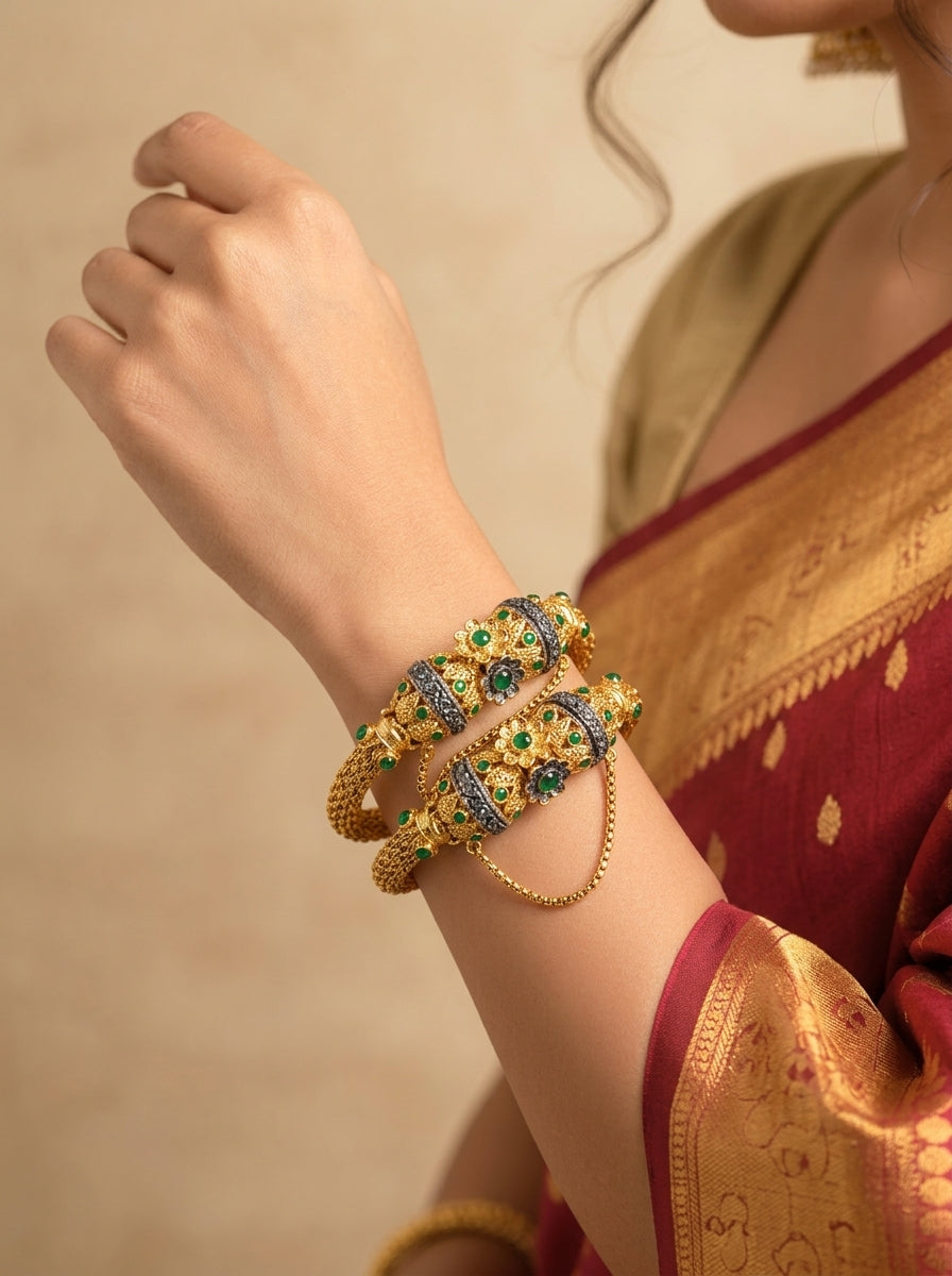 Sophiya gold plated openable chain bangle with American diamonds and emerald accents