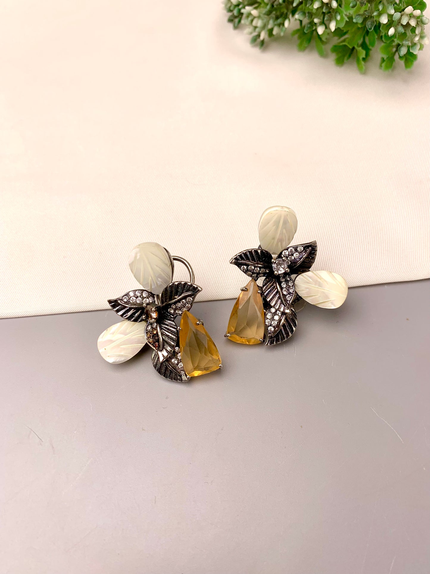 Taliya handcrafted rhodium plated oxidized studs with American Diamonds, real Mother of Pearl, and semi-precious Citrine or Onyx