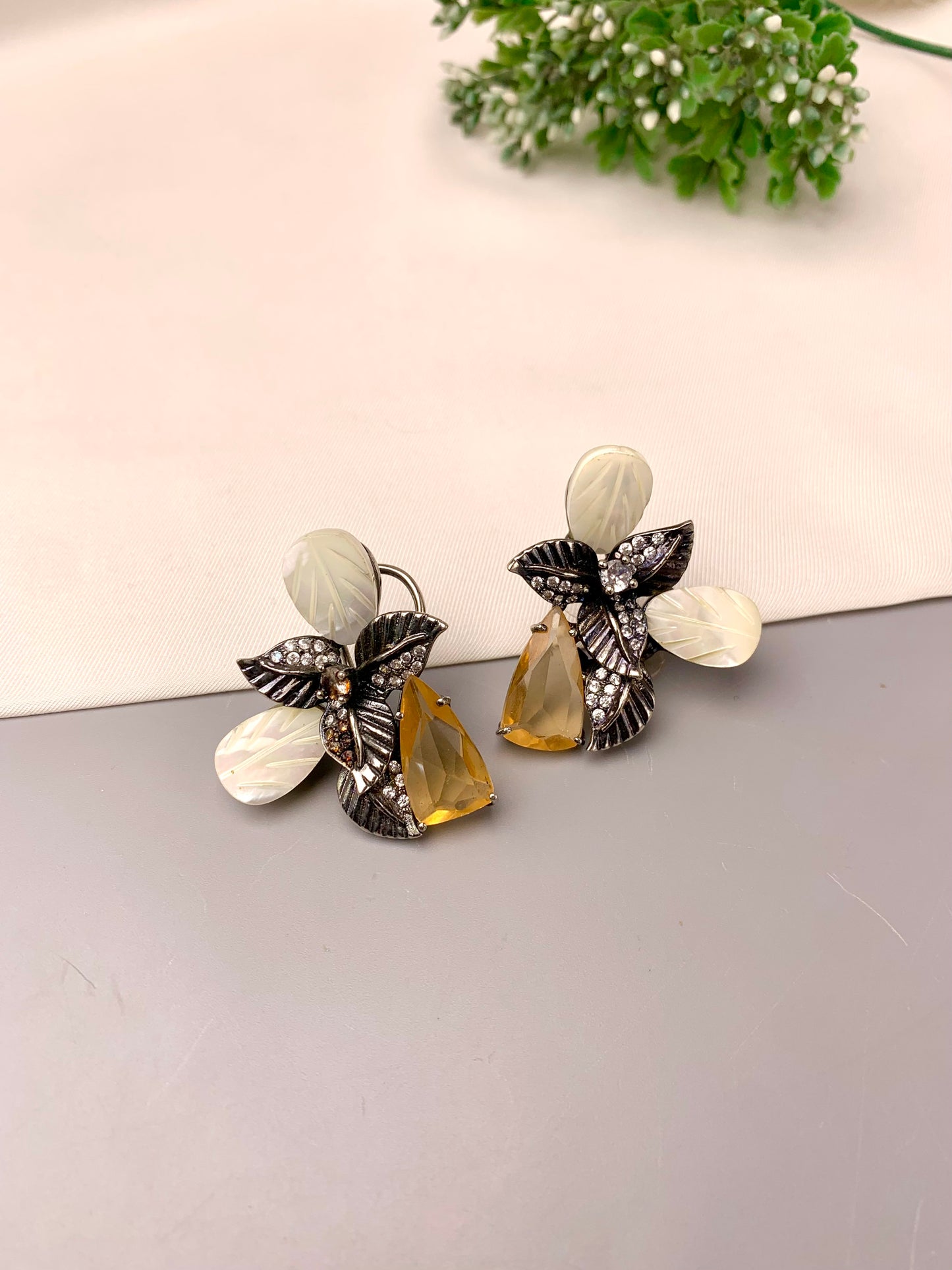 Taliya handcrafted rhodium plated oxidized studs with American Diamonds, real Mother of Pearl, and semi-precious Citrine or Onyx