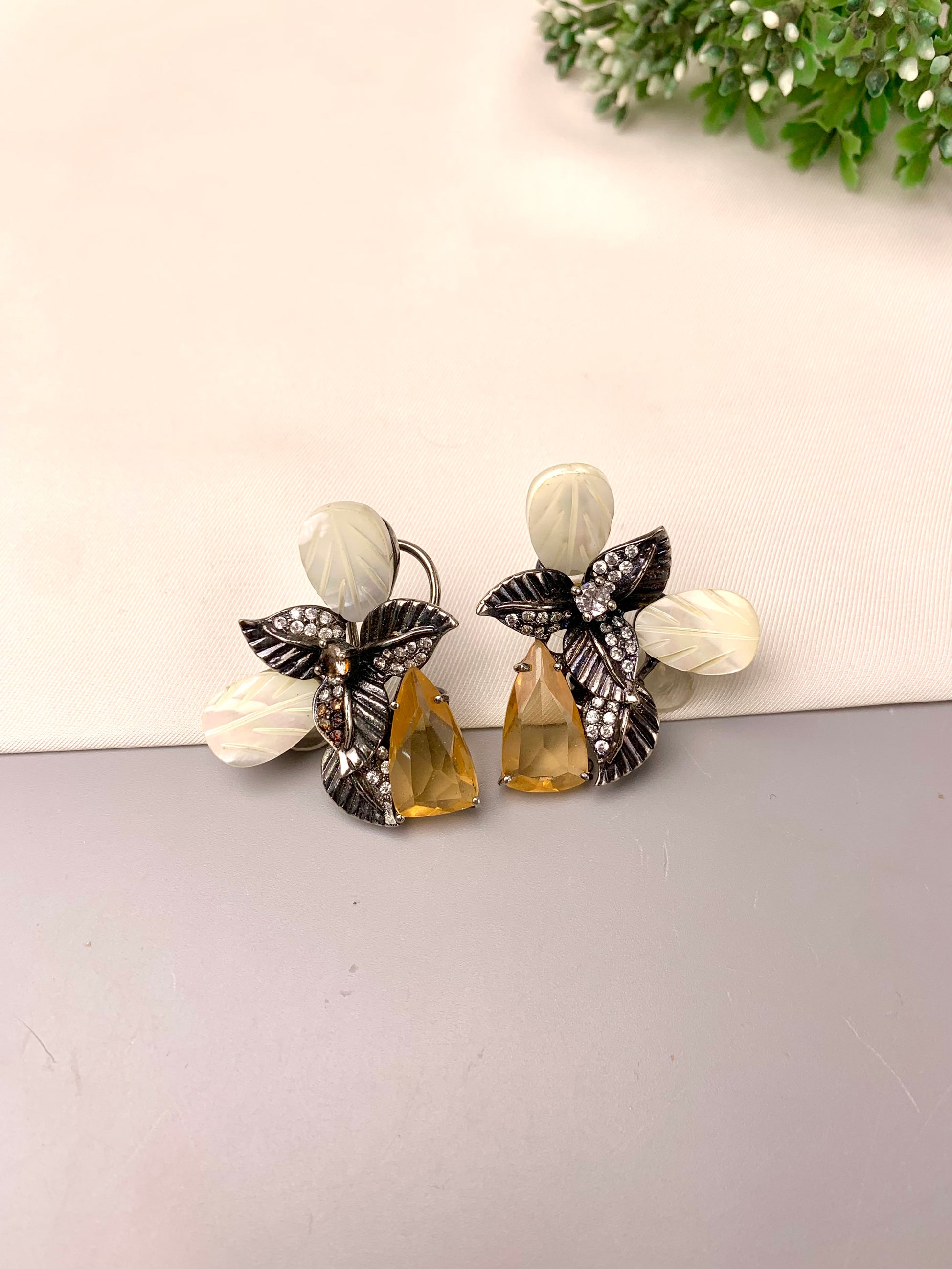 Taliya handcrafted rhodium plated oxidized studs with American Diamonds, real Mother of Pearl, and semi-precious Citrine or Onyx