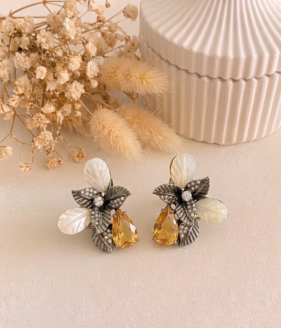 Taliya handcrafted rhodium plated oxidized studs with American Diamonds, real Mother of Pearl, and semi-precious Citrine or Onyx