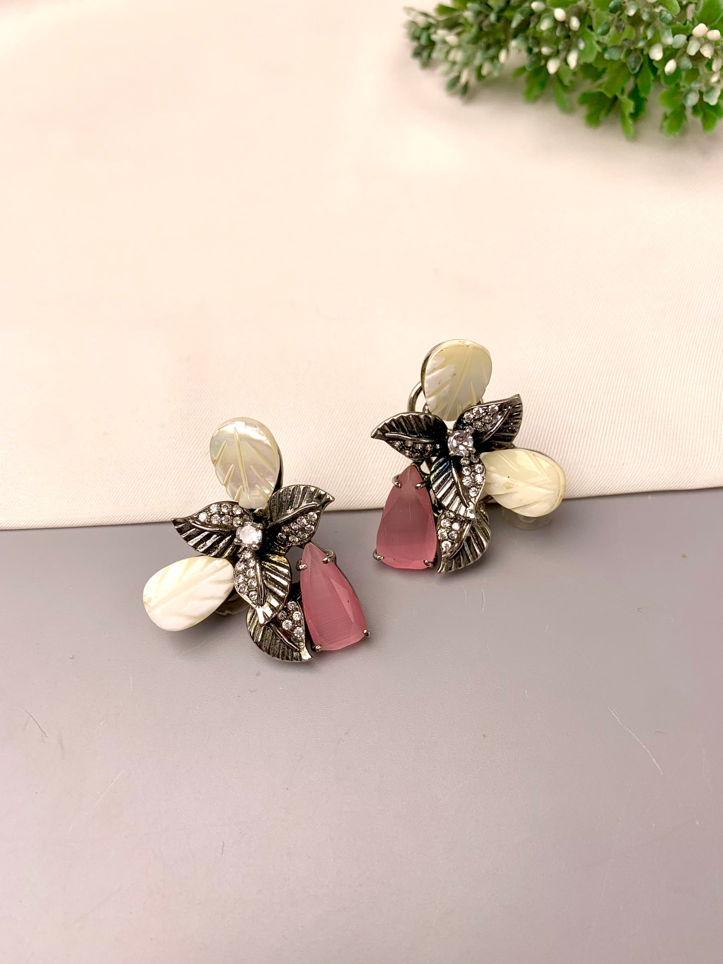 Taliya handcrafted rhodium plated oxidized studs with American Diamonds, real Mother of Pearl, and semi-precious Citrine or Onyx