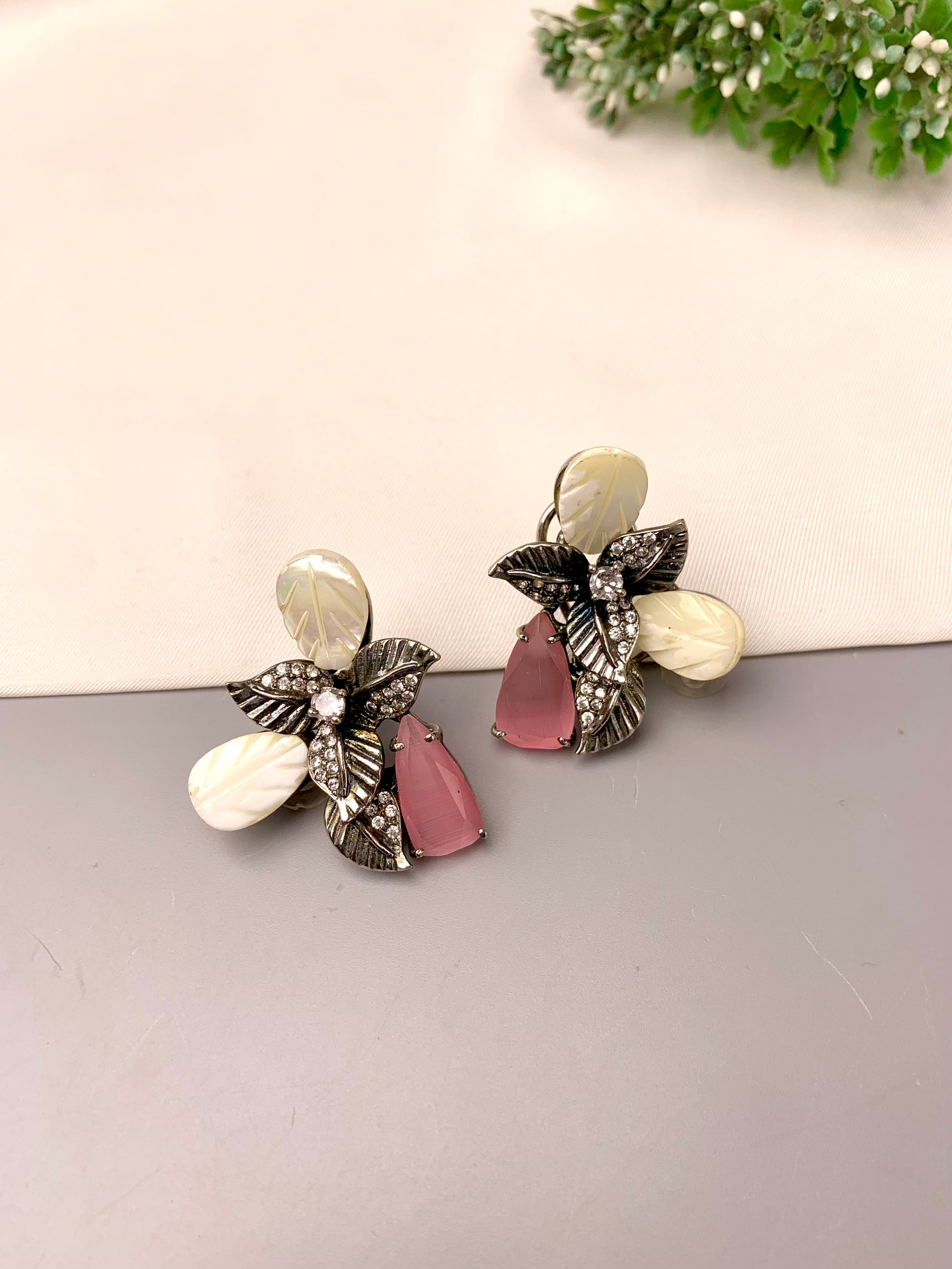 Taliya handcrafted rhodium plated oxidized studs with American Diamonds, real Mother of Pearl, and semi-precious Citrine or Onyx