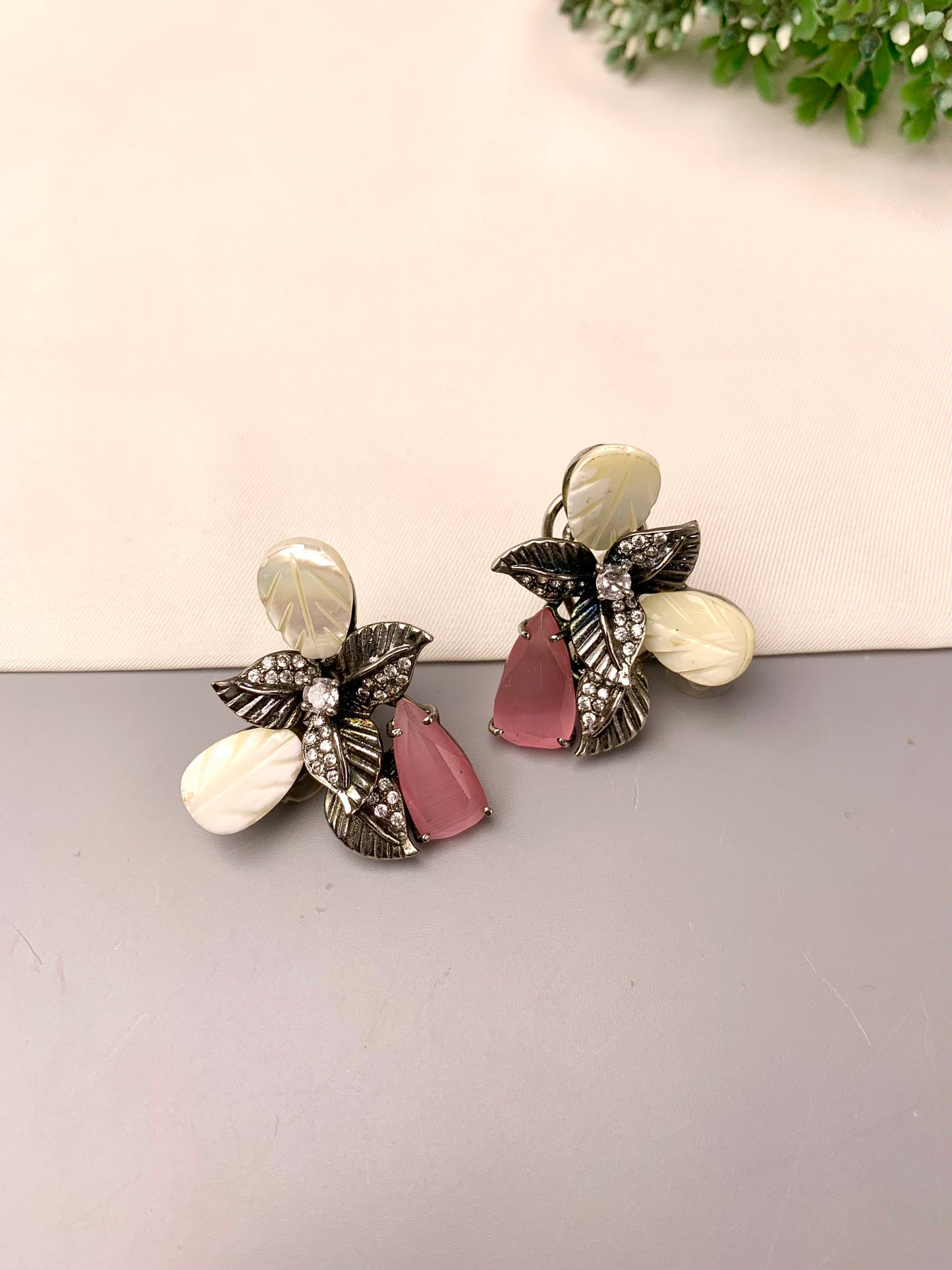 Taliya handcrafted rhodium plated oxidized studs with American Diamonds, real Mother of Pearl, and semi-precious Citrine or Onyx