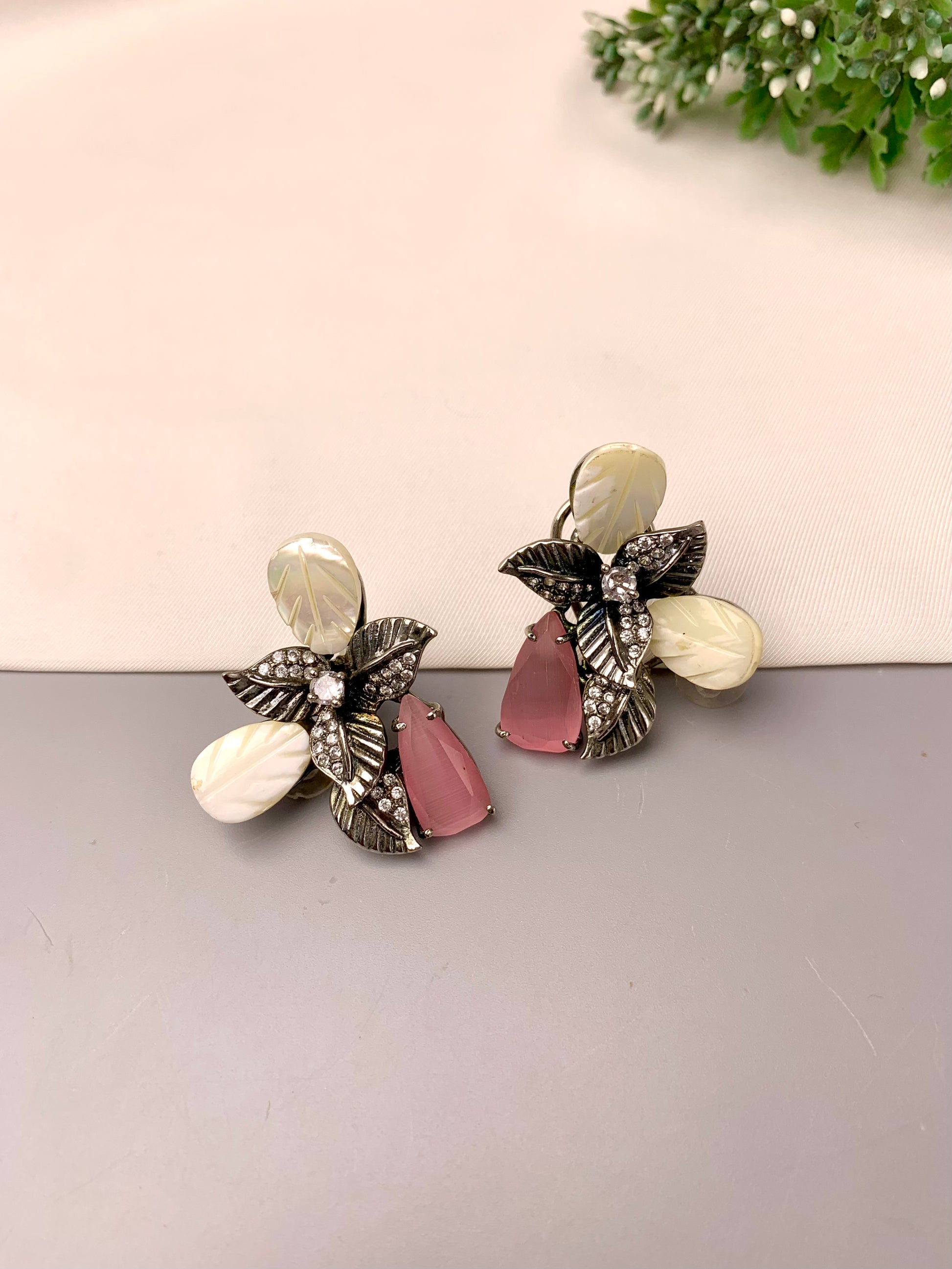 Taliya handcrafted rhodium plated oxidized studs with American Diamonds, real Mother of Pearl, and semi-precious Citrine or Onyx