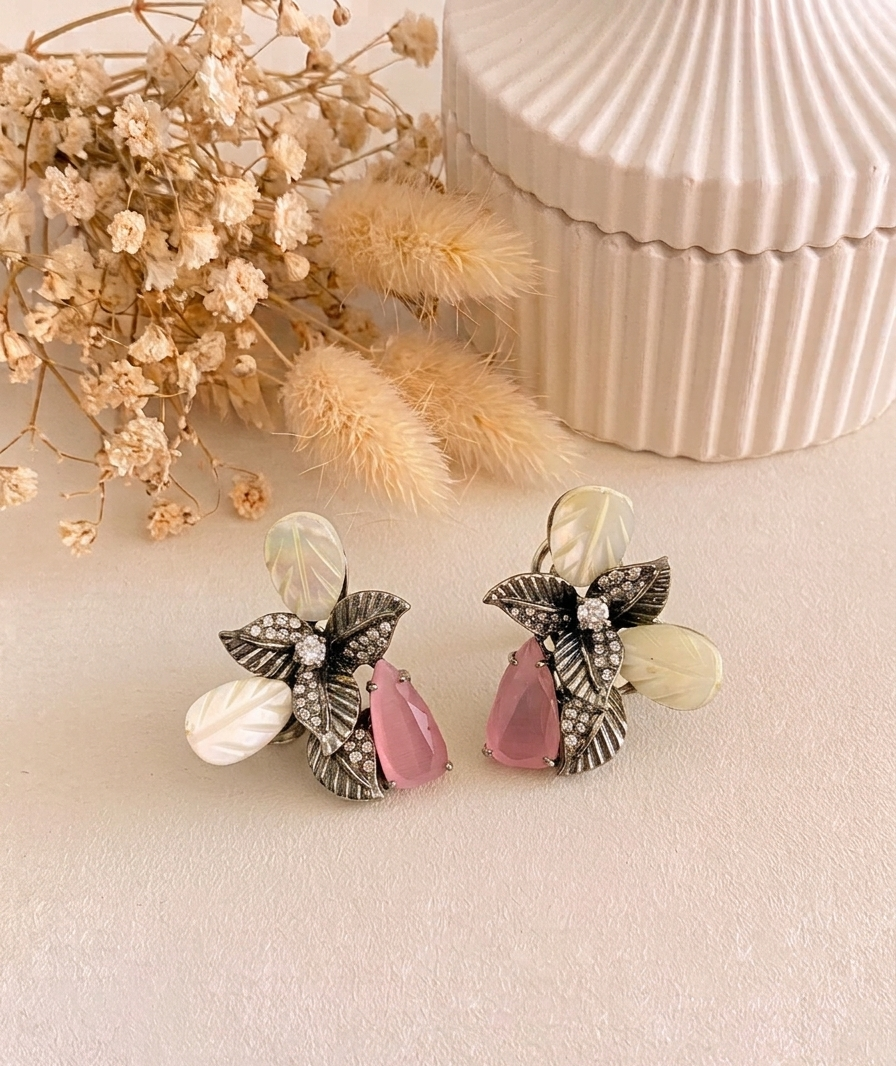 Taliya handcrafted rhodium plated oxidized studs with American Diamonds, real Mother of Pearl, and semi-precious Citrine or Onyx