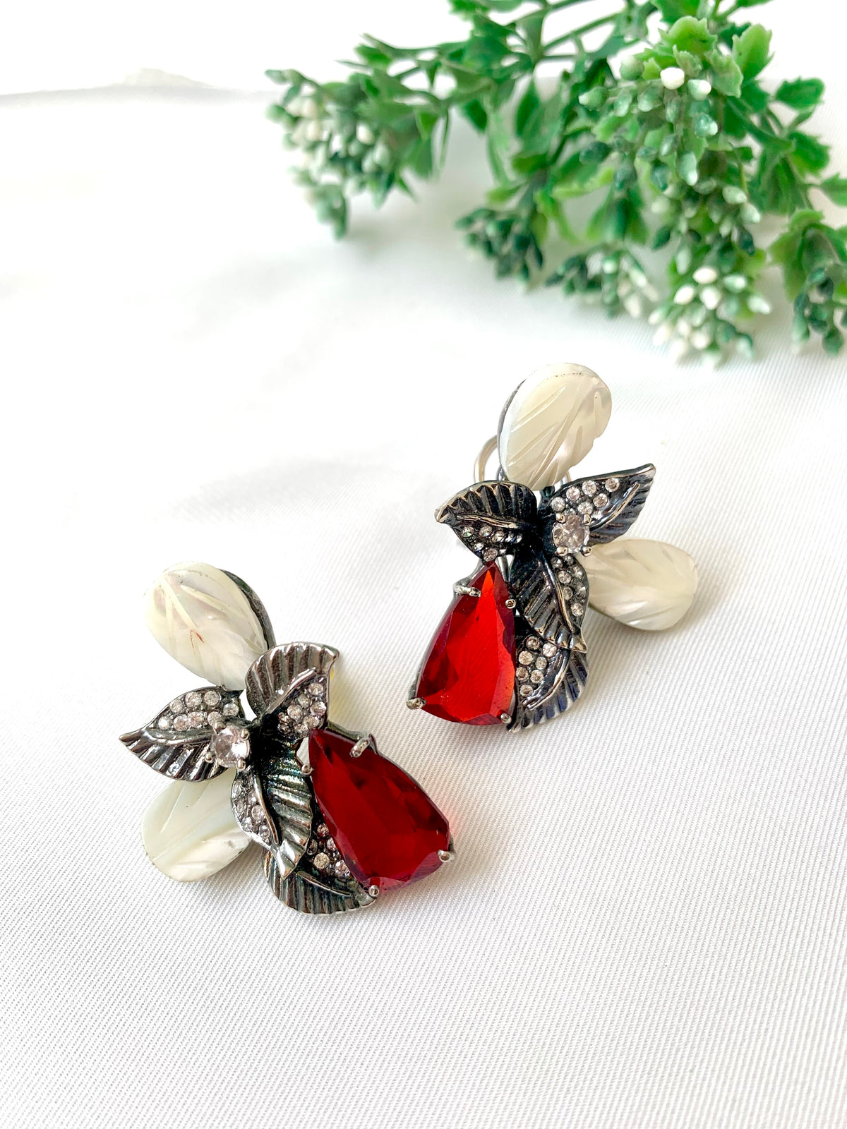 Taliya handcrafted rhodium plated oxidized studs with American Diamonds, real Mother of Pearl, and semi-precious Citrine, Ruby & Onyx