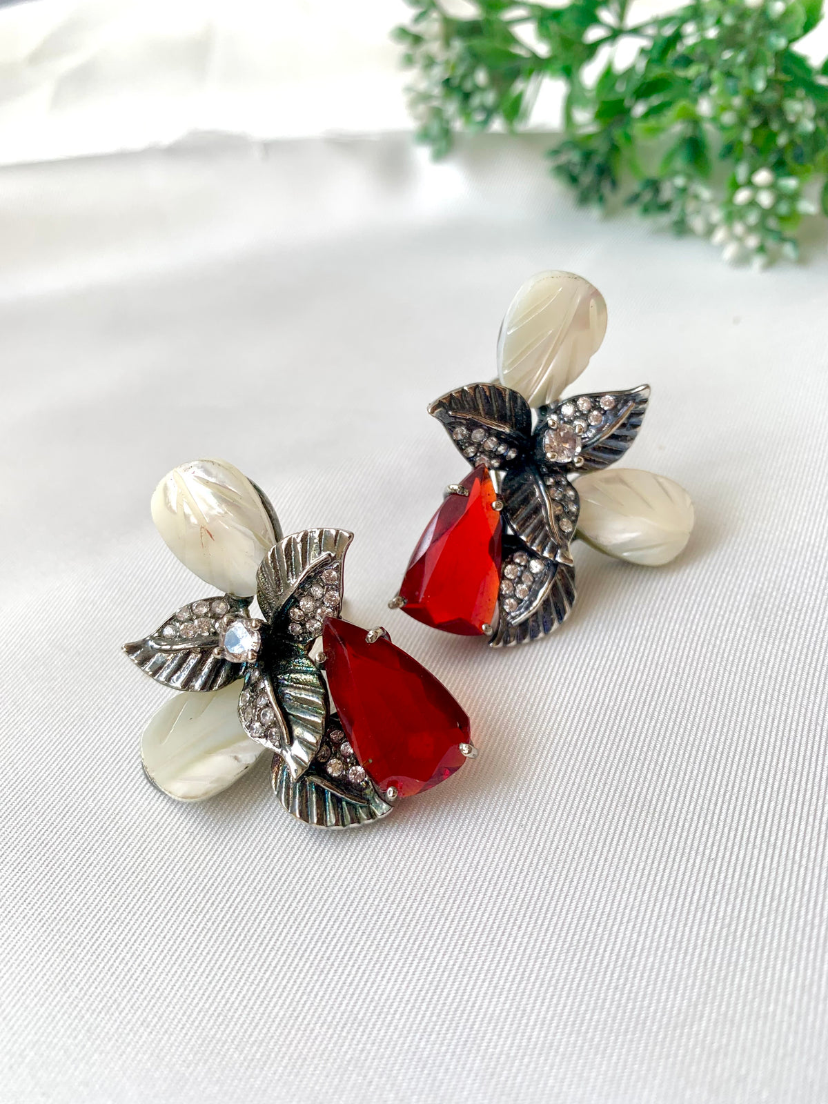 Taliya handcrafted rhodium plated oxidized studs with American Diamonds, real Mother of Pearl, and semi-precious Citrine, Ruby & Onyx