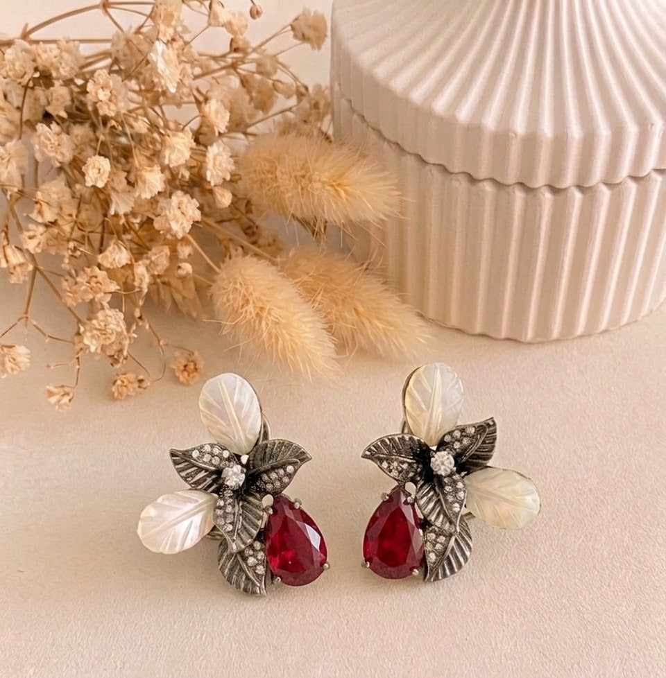 Taliya handcrafted rhodium plated oxidized studs with American Diamonds, real Mother of Pearl, and semi-precious Citrine, Ruby & Onyx