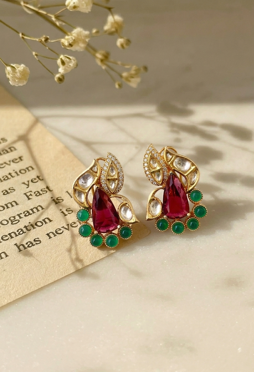 Usha gold plated studs with polki kundan American diamonds ruby and emerald accents