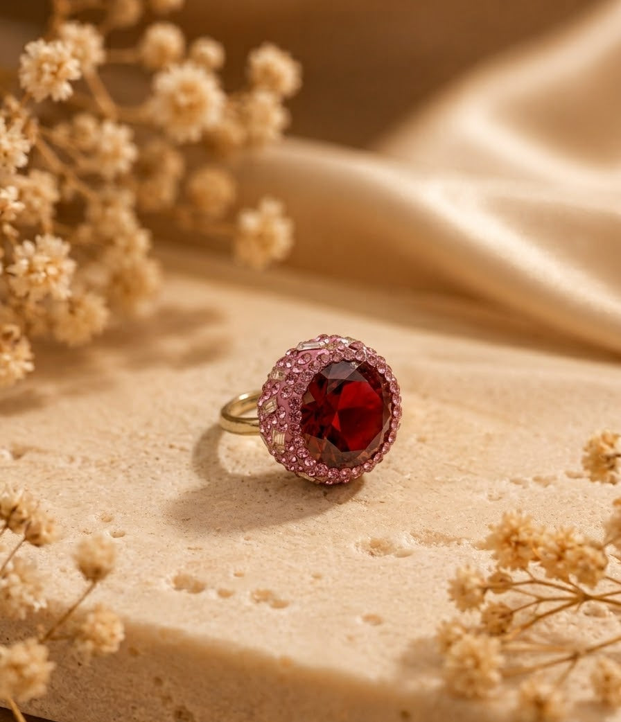 A gold ring featuring a large round deep red gemstone surrounded by a halo of small pink stones, displayed on a textured beige stone with dried flowers and draped satin fabric.