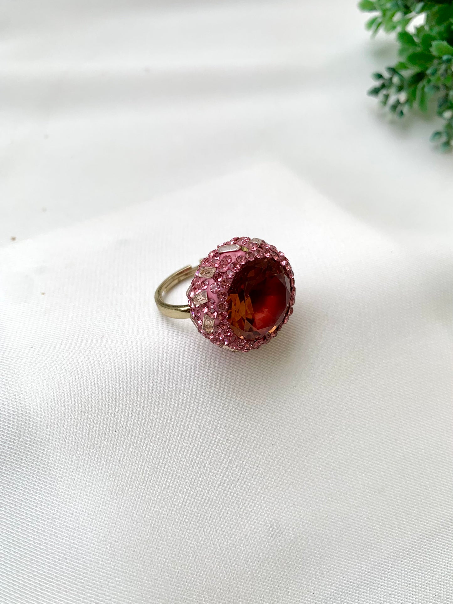 Vaniya handcrafted 22kt gold plated adjustable ring with real Swarovski Crystals and semi-precious Ruby
