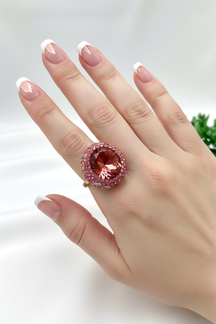 Vaniya handcrafted 22kt gold plated adjustable ring with real Swarovski Crystals and semi-precious Ruby