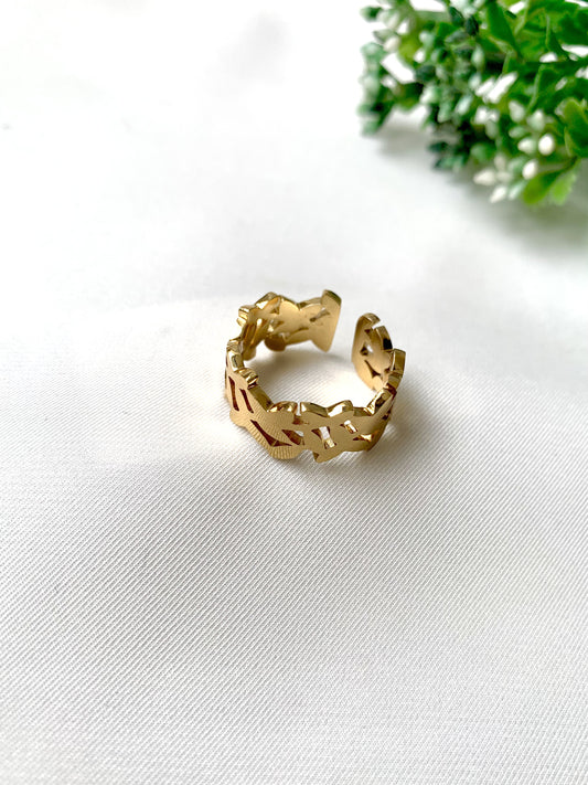 Vetra adjustable gold ring with geometric cut-out design, 22K gold plated on 316L stainless steel by Zamal Jewels.