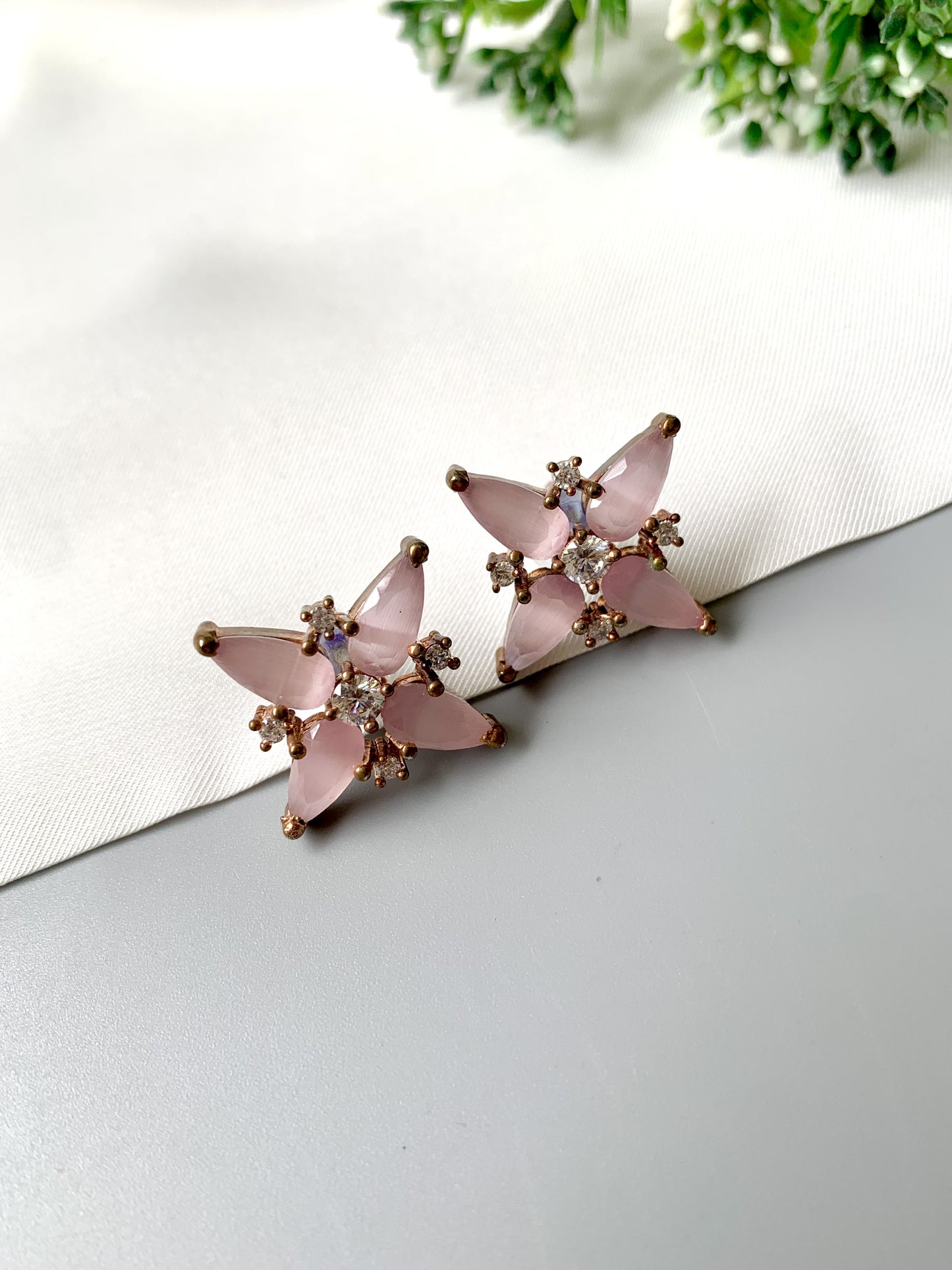 Vintage Bloom Studs with blush pink semi-precious stones and antique finish – angle view