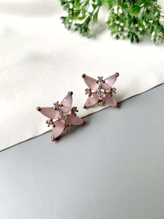 Handcrafted 22kt gold floral stud earrings with Rose Quartz and American Diamonds – front view