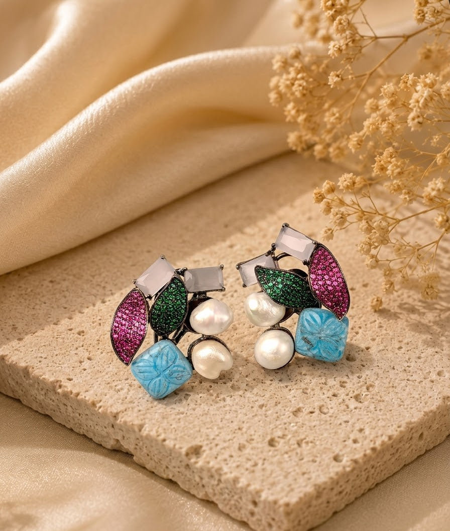 Visha handcrafted rhodium plated oxidized studs with real Baroque Pearls, hand-carved Mint or Feroza gemstones, and genuine Emerald, Sapphire, and Ruby Swarovski crystals