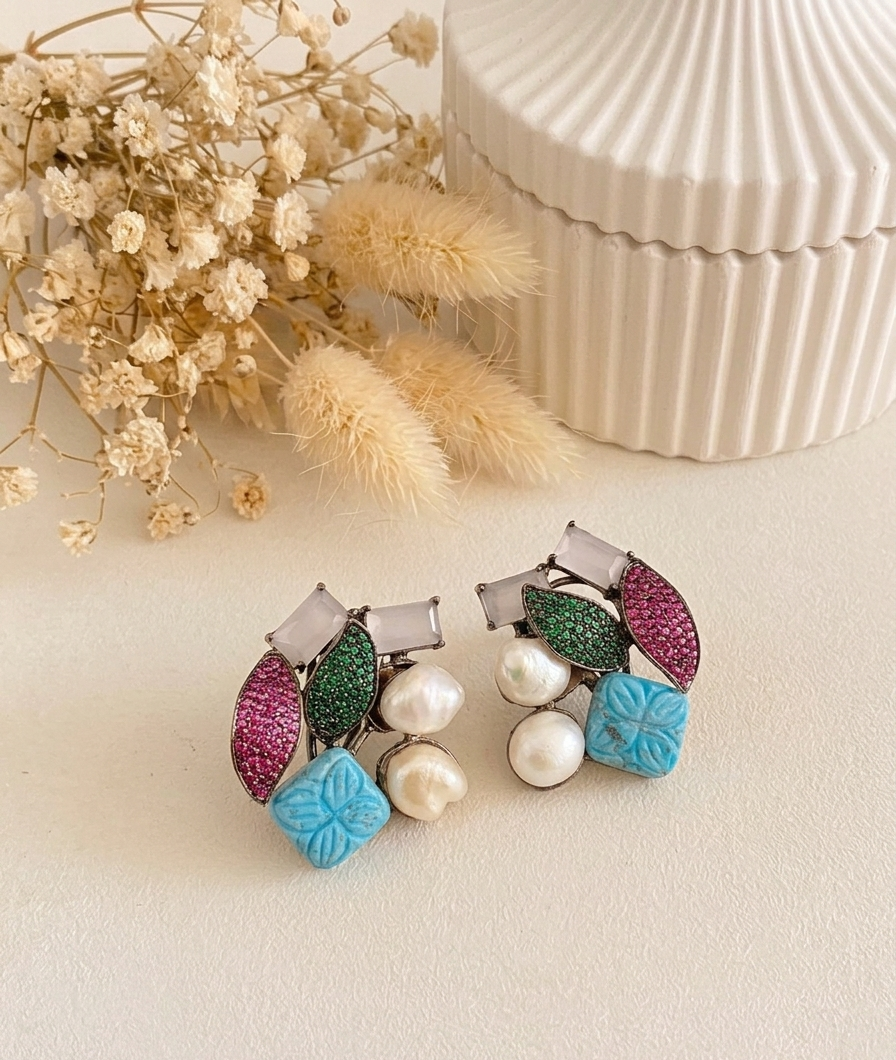Visha handcrafted rhodium plated oxidized studs with real Baroque Pearls, hand-carved Mint or Feroza gemstones, and genuine Emerald, Sapphire, and Ruby Swarovski crystals