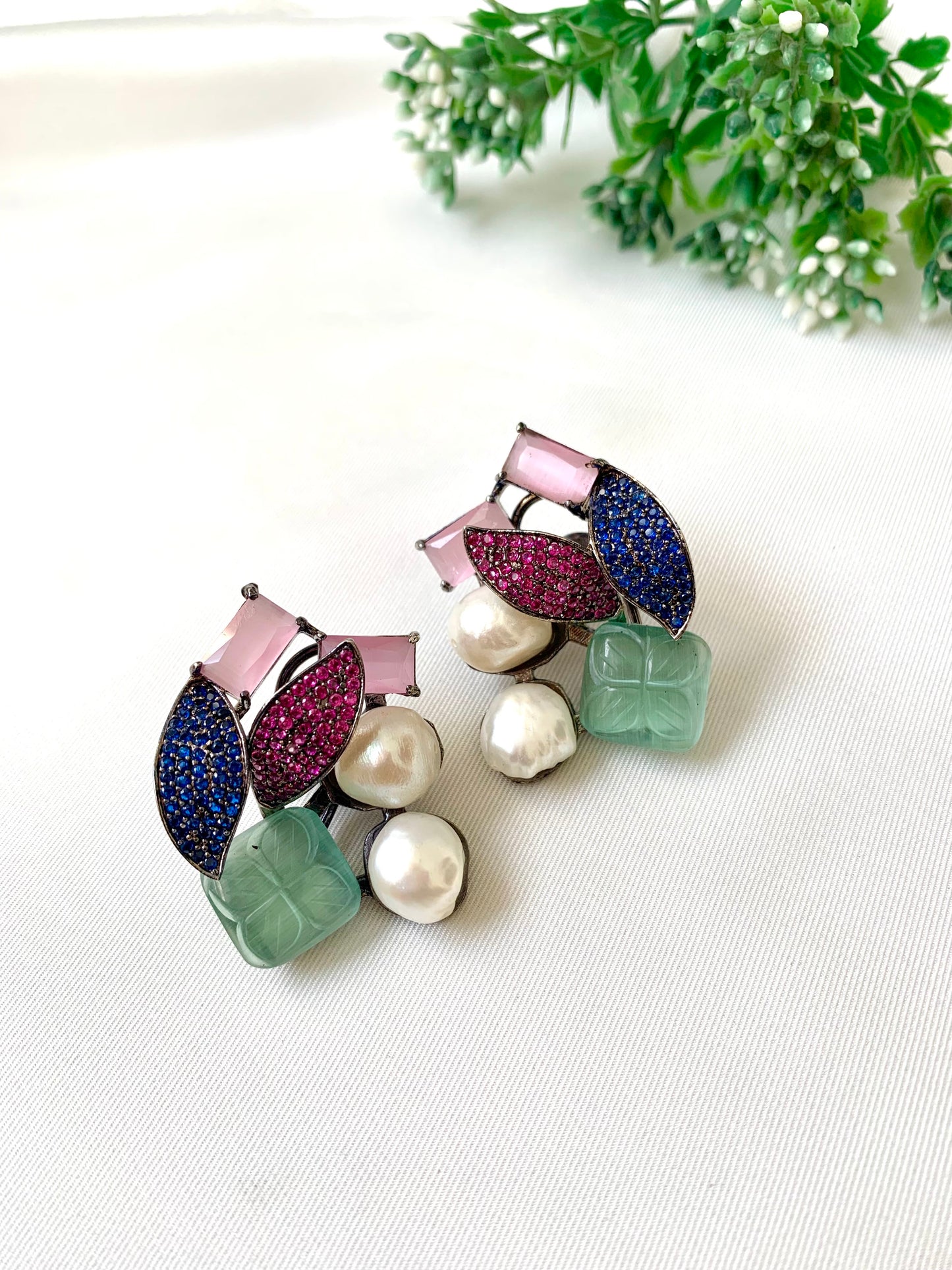Visha handcrafted rhodium plated oxidized studs with real Baroque Pearls, hand-carved Mint or Feroza gemstones, and genuine Emerald, Sapphire, and Ruby Swarovski crystals