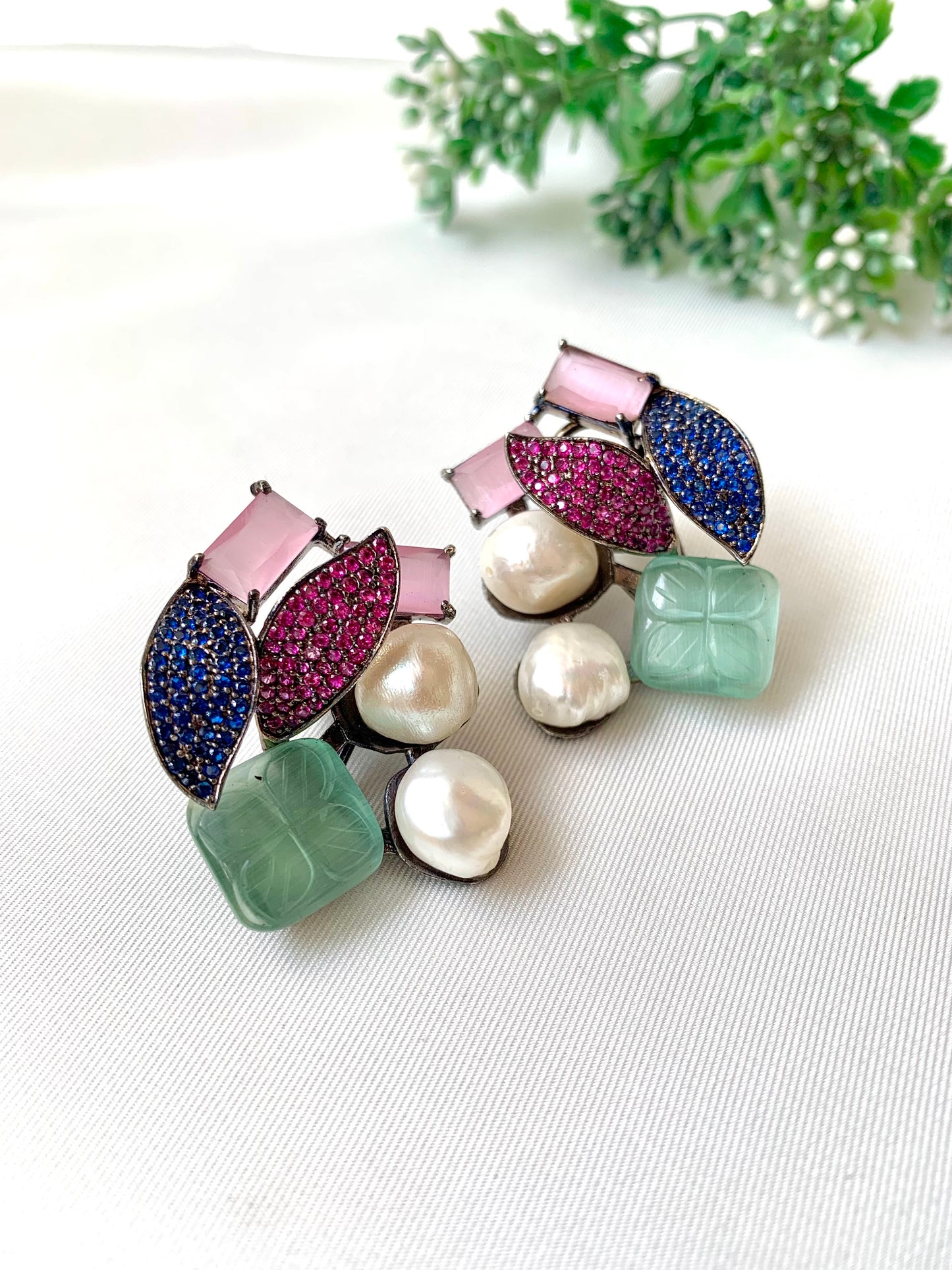 Visha handcrafted rhodium plated oxidized studs with real Baroque Pearls, hand-carved Mint or Feroza gemstones, and genuine Emerald, Sapphire, and Ruby Swarovski crystals