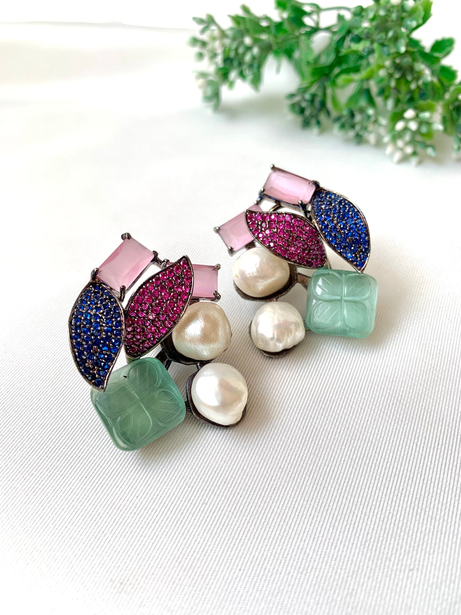Visha handcrafted rhodium plated oxidized studs with real Baroque Pearls, hand-carved Mint or Feroza gemstones, and genuine Emerald, Sapphire, and Ruby Swarovski crystals