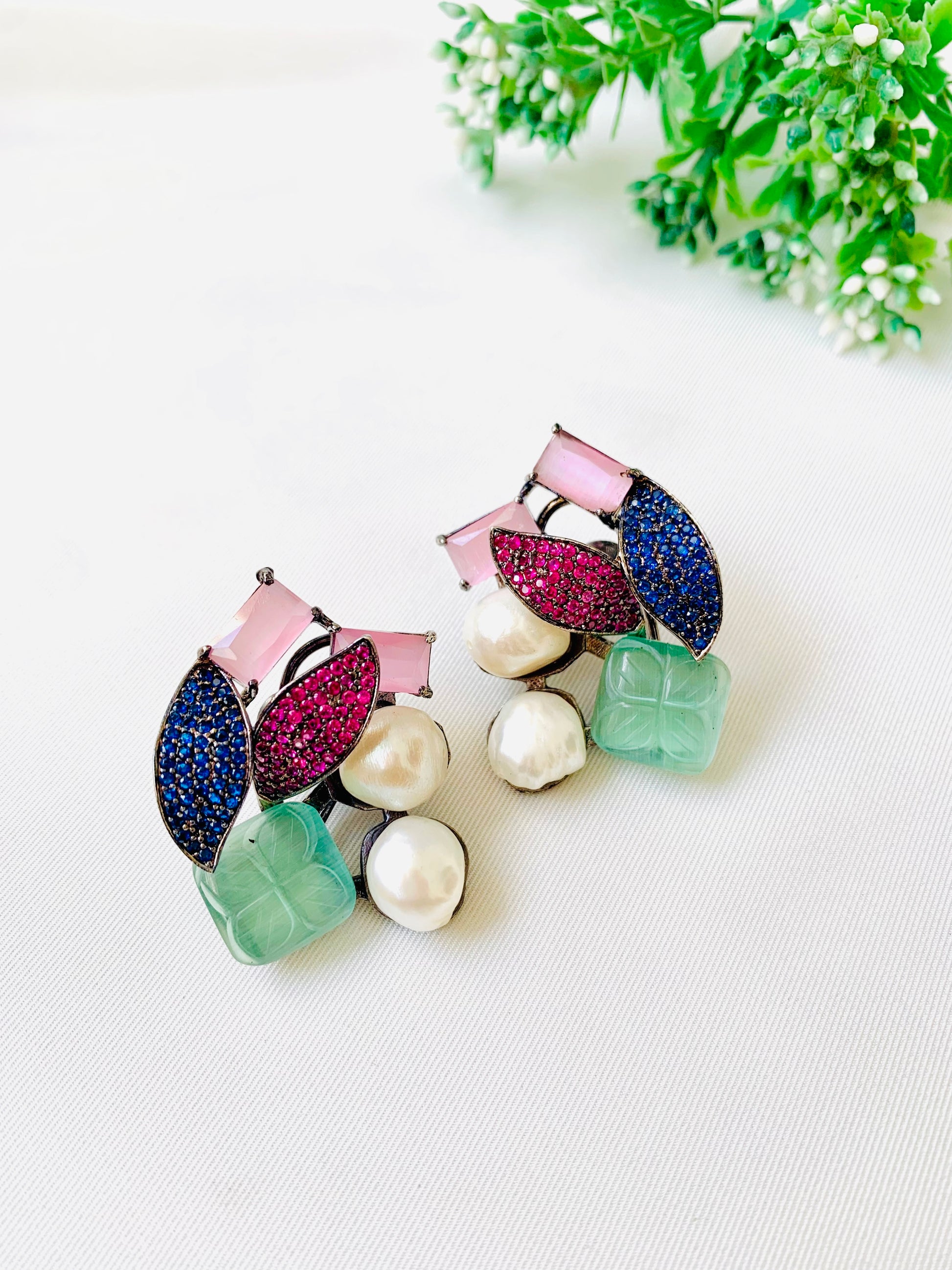 Visha handcrafted rhodium plated oxidized studs with real Baroque Pearls, hand-carved Mint or Feroza gemstones, and genuine Emerald, Sapphire, and Ruby Swarovski crystals