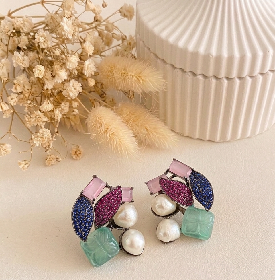 Visha handcrafted rhodium plated oxidized studs with real Baroque Pearls, hand-carved Mint or Feroza gemstones, and genuine Emerald, Sapphire, and Ruby Swarovski crystals
