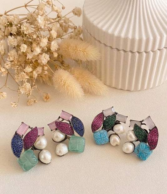 Visha handcrafted rhodium plated oxidized studs with real Baroque Pearls, hand-carved Mint or Feroza gemstones, and genuine Emerald, Sapphire, and Ruby Swarovski crystals