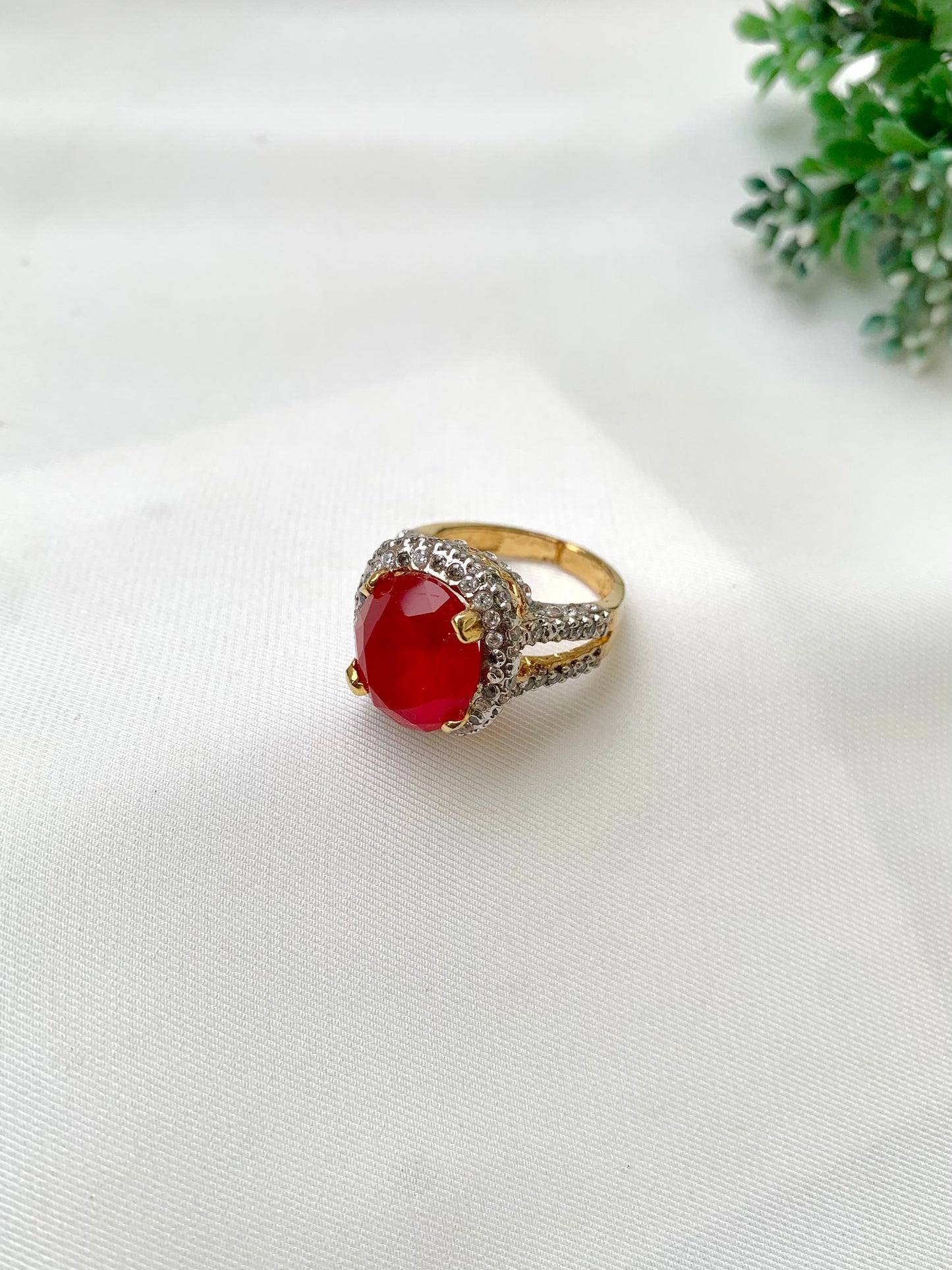 Yamna handcrafted 22kt gold plated adjustable ring with high-quality American Diamonds and semi-precious Ruby