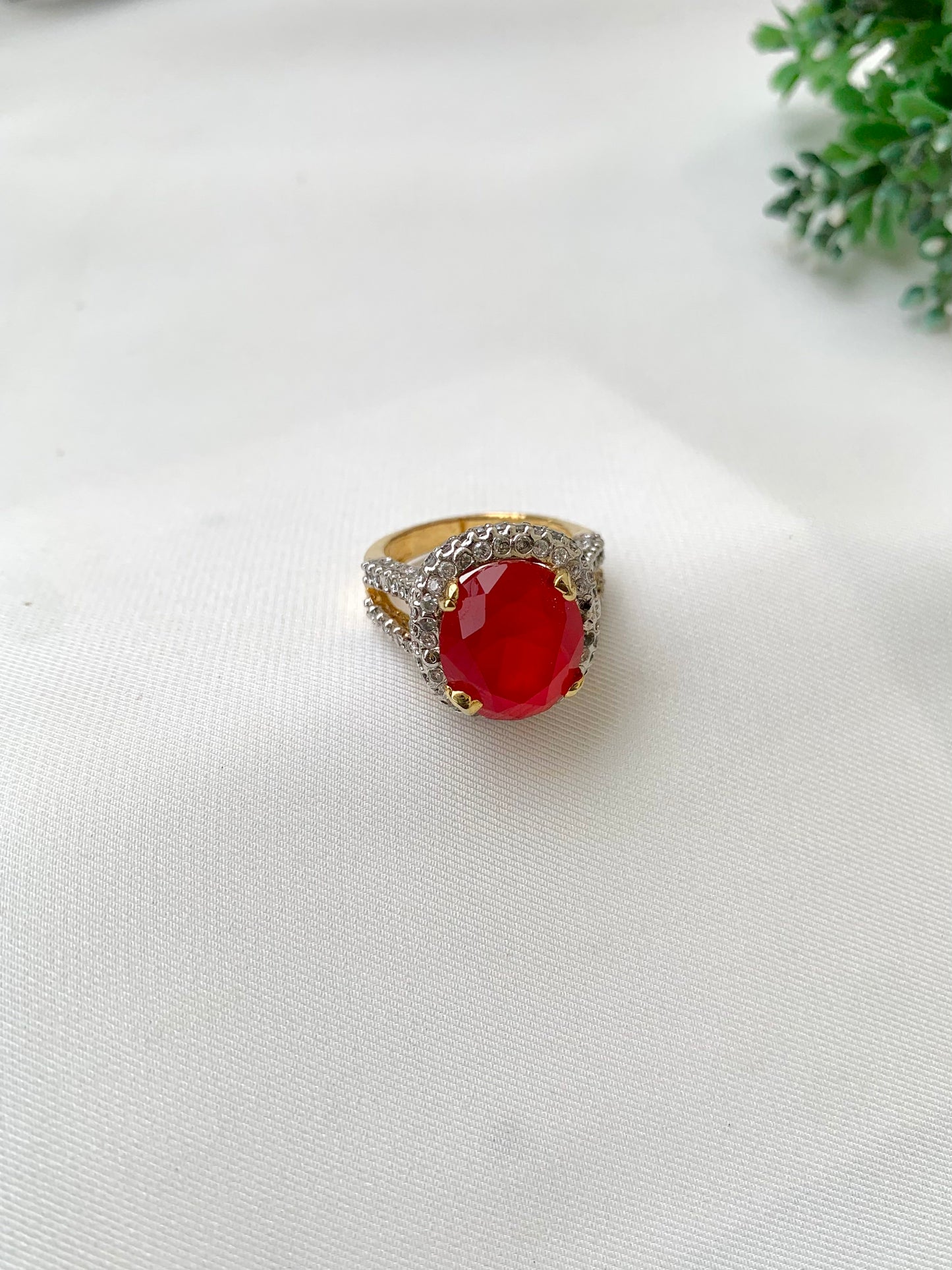 Yamna handcrafted 22kt gold plated adjustable ring with high-quality American Diamonds and semi-precious Ruby