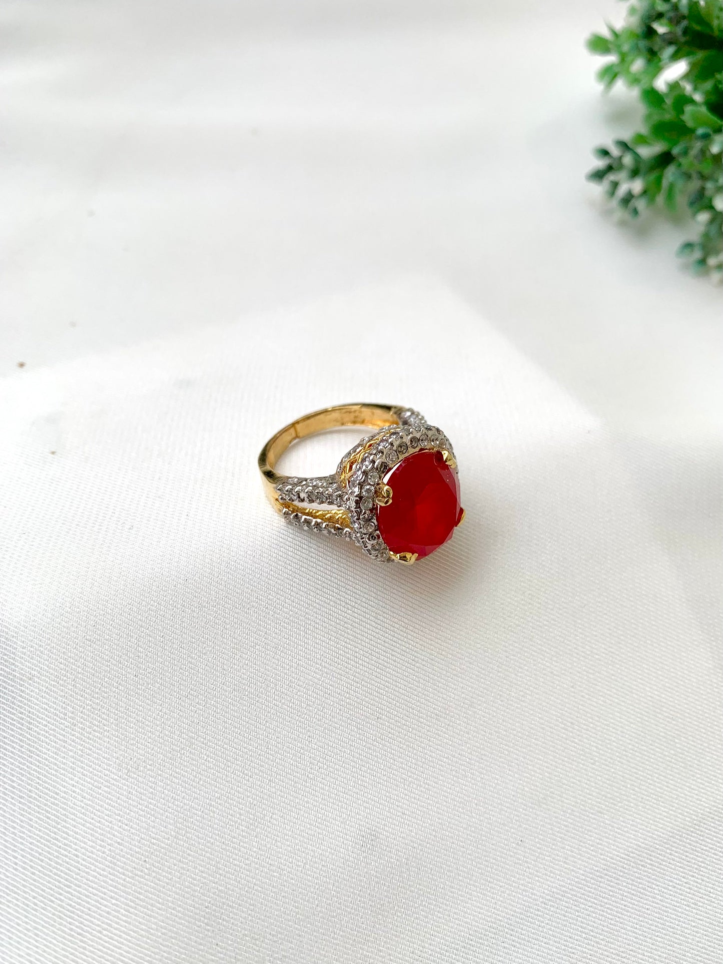 Yamna handcrafted 22kt gold plated adjustable ring with high-quality American Diamonds and semi-precious Ruby