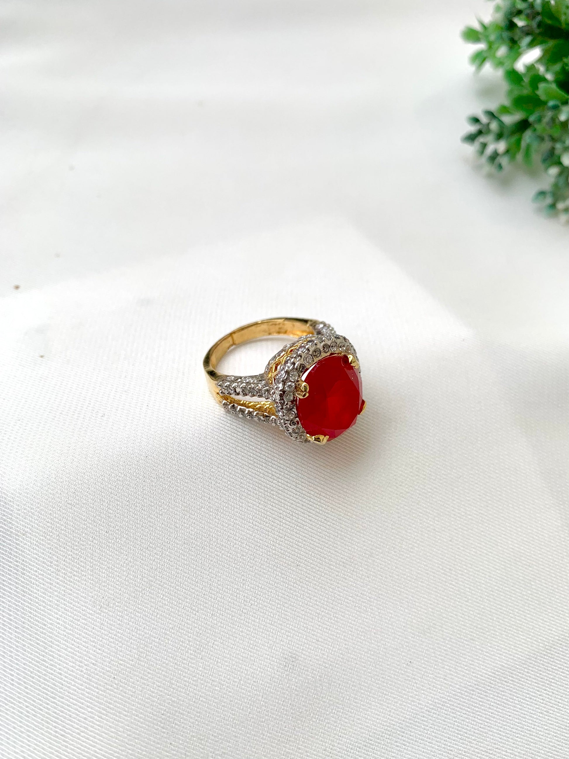 Yamna handcrafted 22kt gold plated adjustable ring with high-quality American Diamonds and semi-precious Ruby