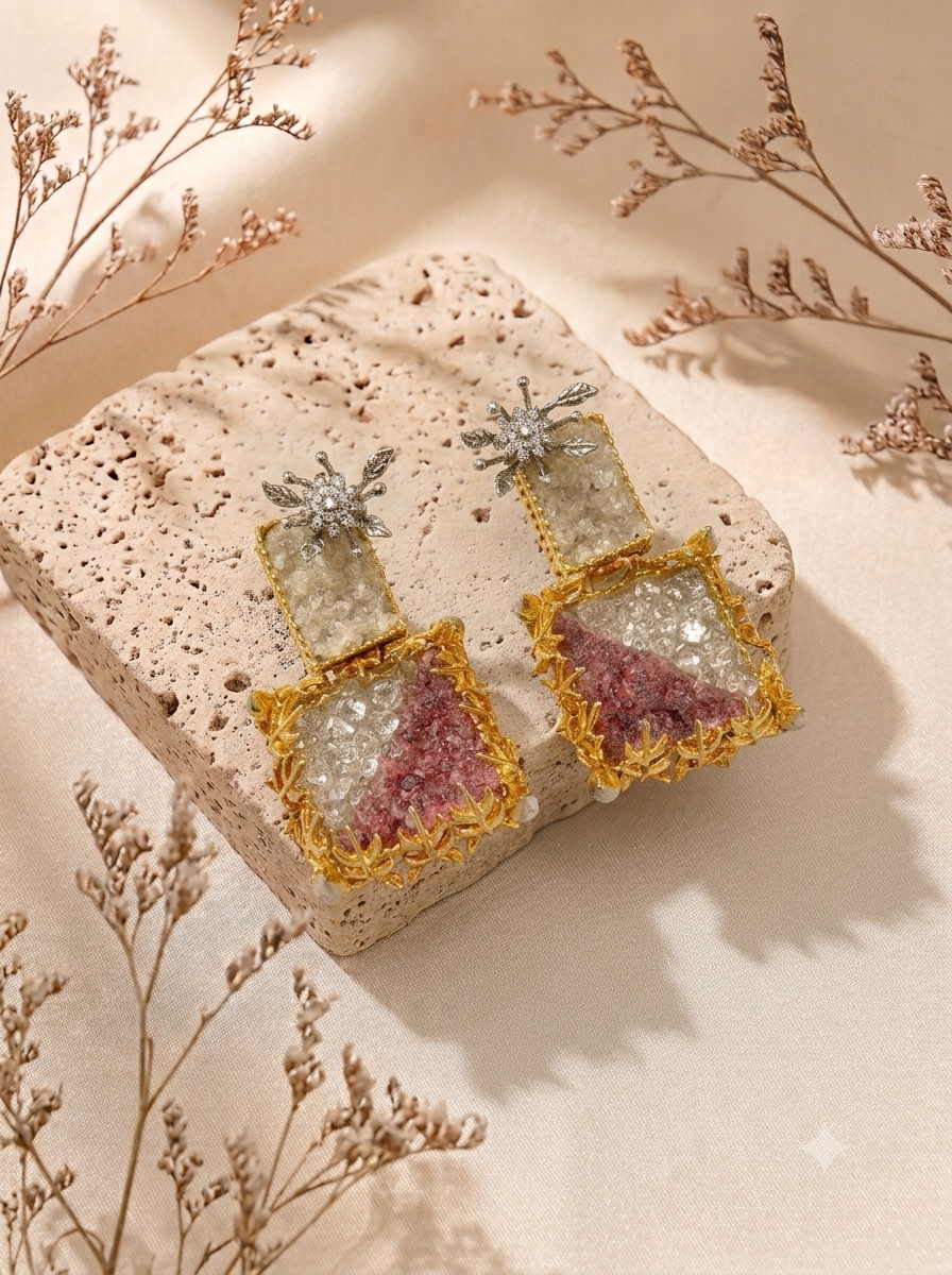 Yorkabel handcrafted earrings with American Diamonds and semi-precious natural gemstones, available in 22kt gold plated Ruby and rhodium oxidized Amethyst variants