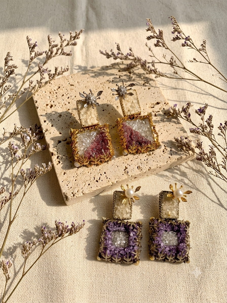 A pair of square drop earrings with purple amethyst crystal clusters and gold-toned floral tops, displayed on a textured stone slab and fabric with dried flowers.