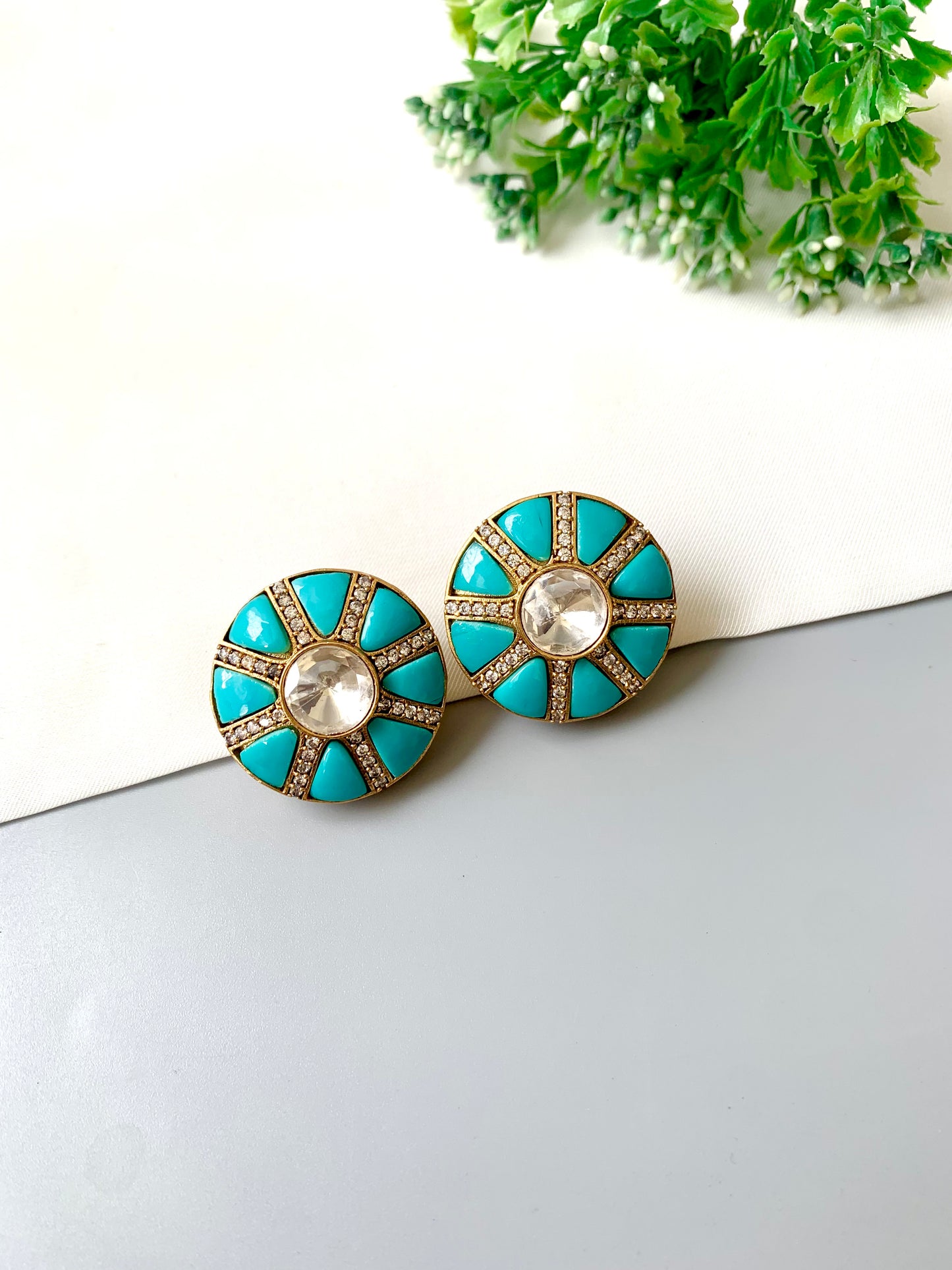 Round turquoise (feroza) stud earrings with AD rays and Polki center, 22k gold plated — Zamal Jewels Pakistan