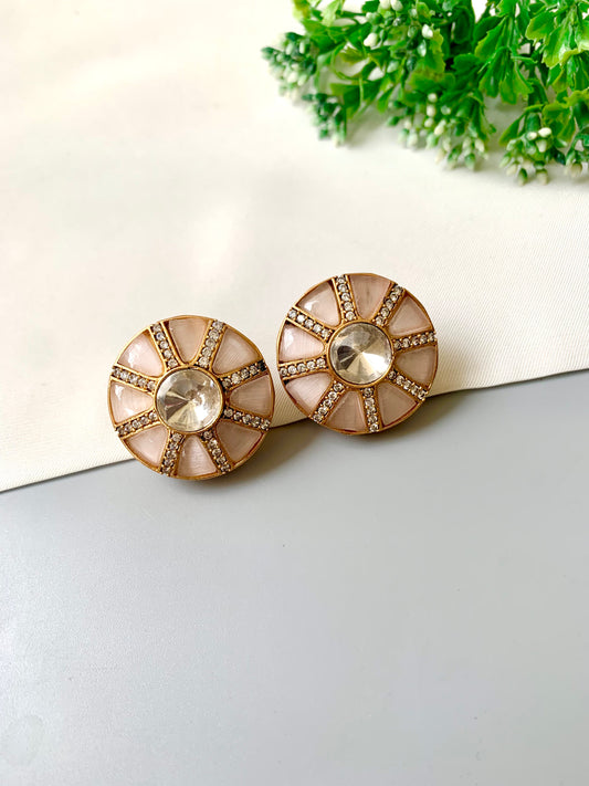 Hand-crafted pink fluorite sunburst studs with Polki center and American Diamond pavé in 22kt gold — Zamal Jewels