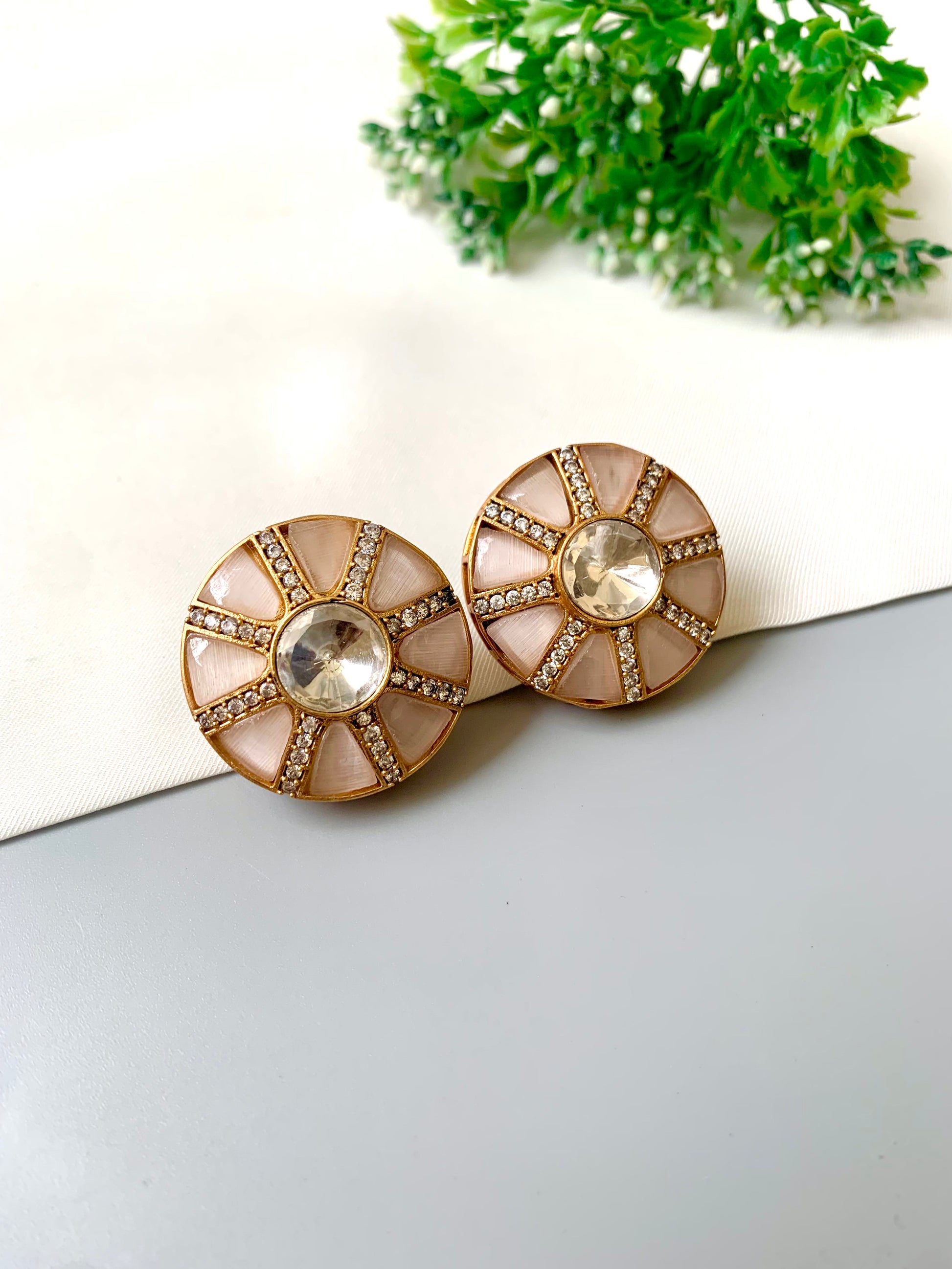Round pink fluorite stud earrings with AD rays and bezel-set Polki, 22k gold plated — Zamal Jewels Pakistan