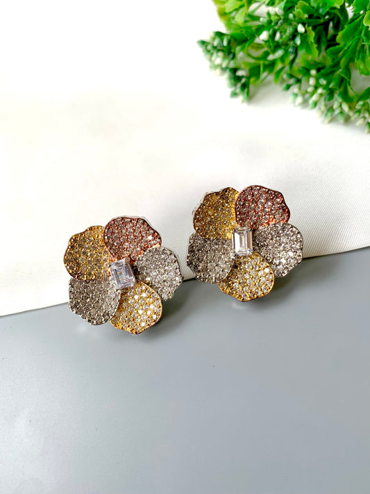 Hand-crafted pavé American Diamond blossom studs with baguette center in dual-tone 22kt gold and rose-gold — Zamal Jewels