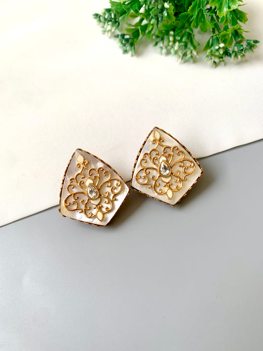 Mother of Pearl Meenakari studs with Moissanite Kundan center in 22kt gold — Zamal Jewels