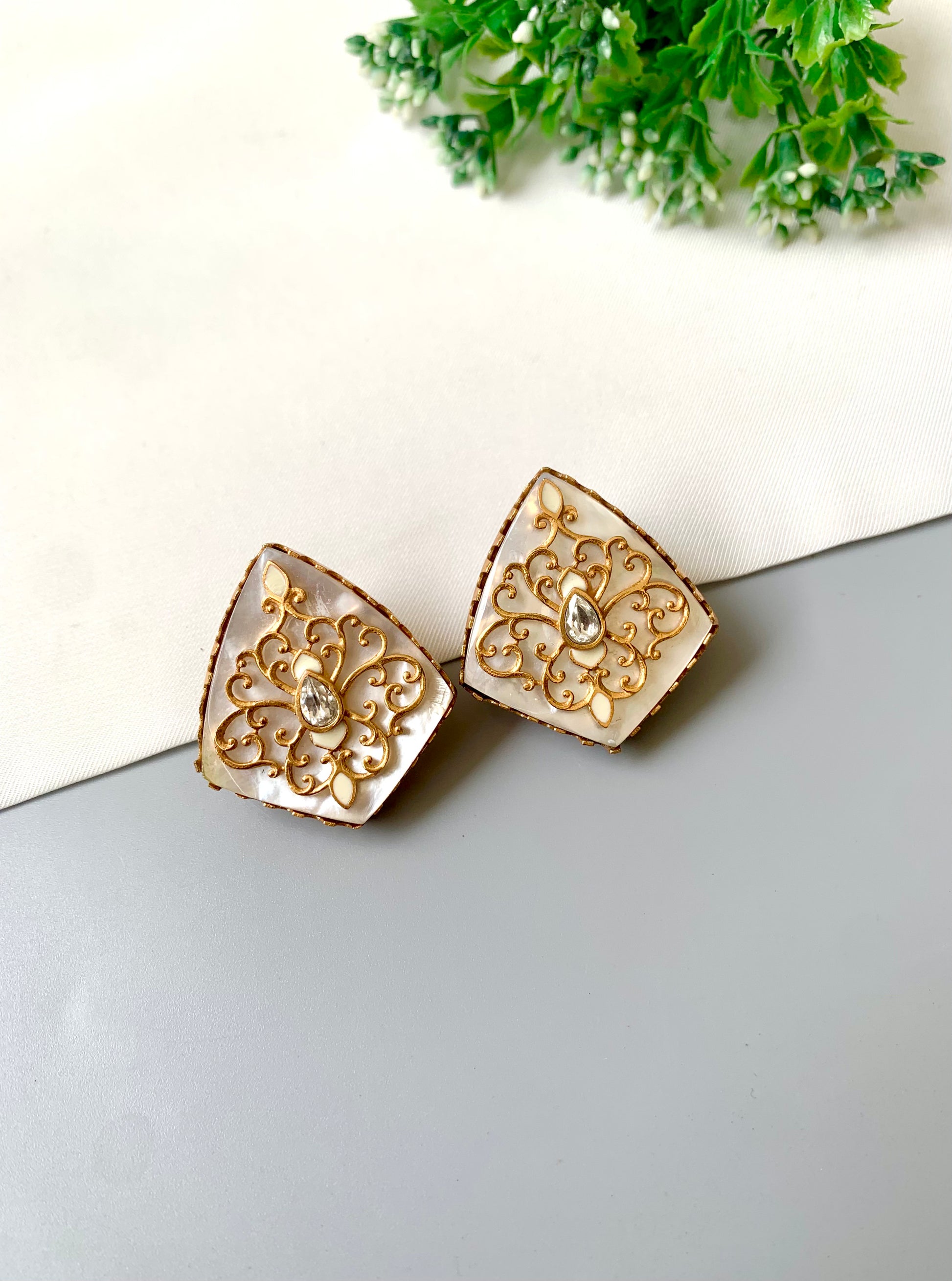 Hand-crafted MOP square/kite studs with gold filigree and kundan drop — Zamal Jewels Pakistan