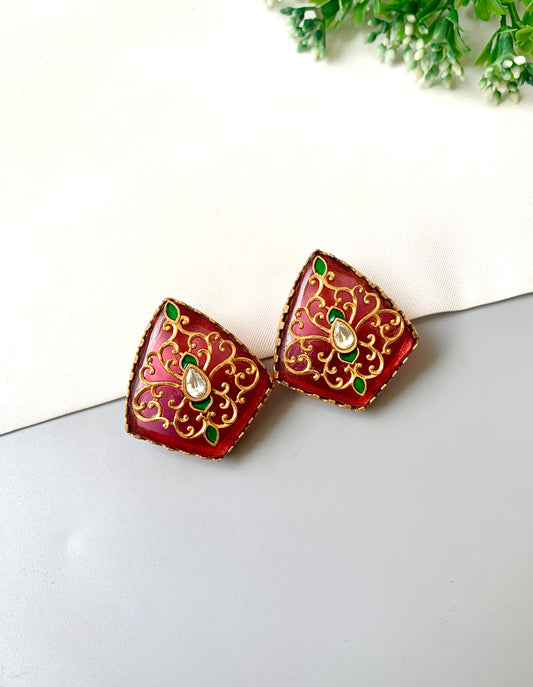 Ruby Meenakari studs with Moissanite Kundan centre and emerald accents in 22kt gold — Zamal Jewels